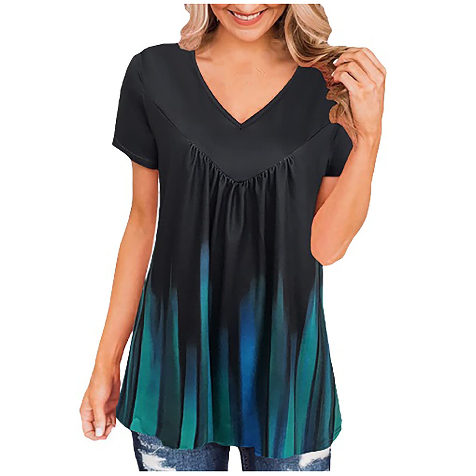 2022 Women's Summer Fashion Floral Print V-Neck Short Sleeve Blouse - Loose Fit Flowy Casual Tunic Top for Going Out, Beach, Party & Vacation