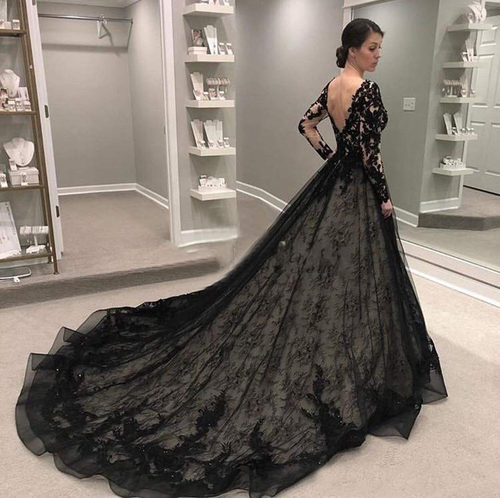 Emanni Vintage Black Wedding Dress with Illusion Bodice – Elegant Lace Bridal Gown for Women (Real Photos) | Perfect for Gothic Weddings, Vow Renewals & Photoshoots