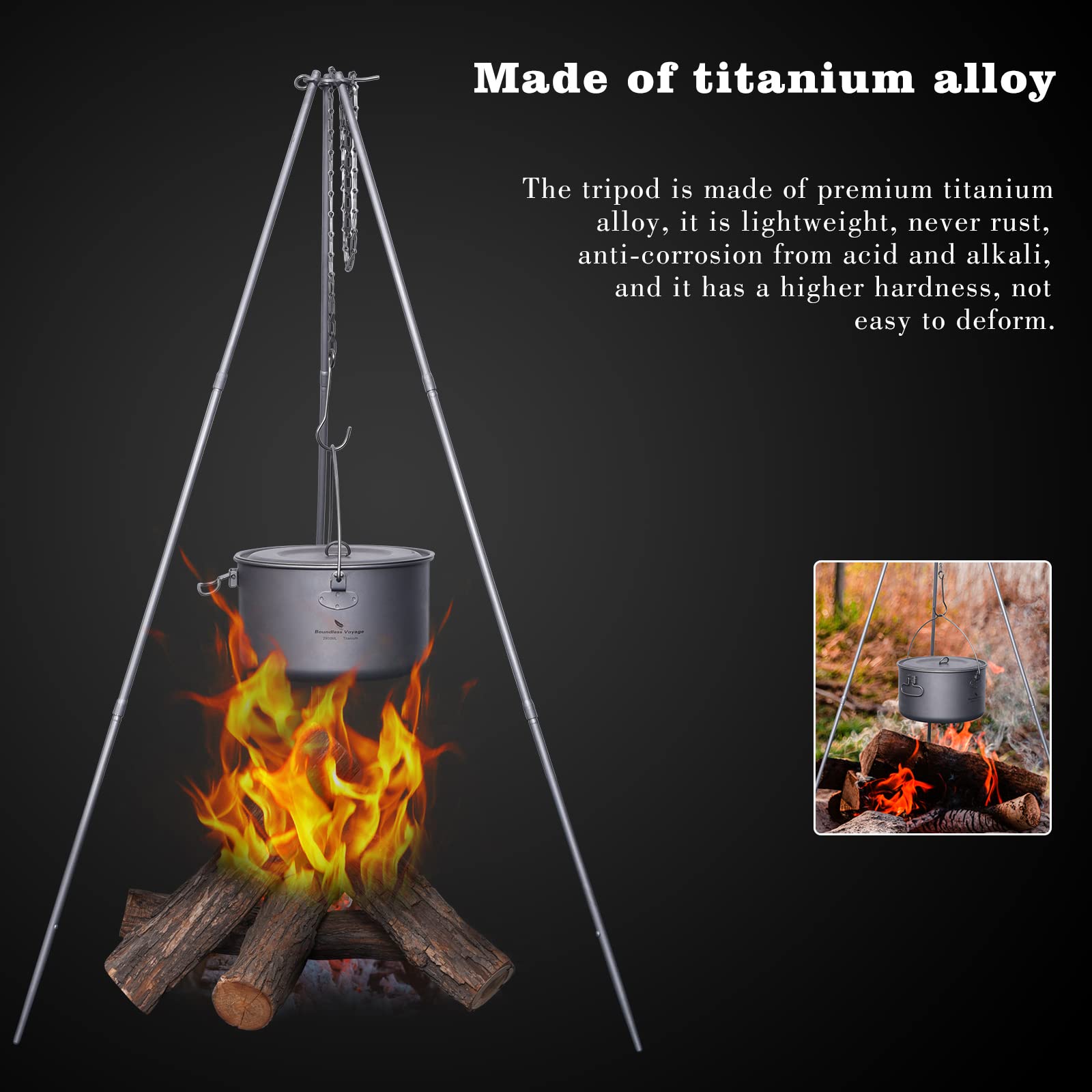 Adjustable Titanium Tripod Stand for Camping - Portable Outdoor Cookware Holder for Dutch Oven, Grill & Campfire Cooking | Perfect for Backpacking, Hiking & Wilderness Adventures (Ti9013O-Tripod)