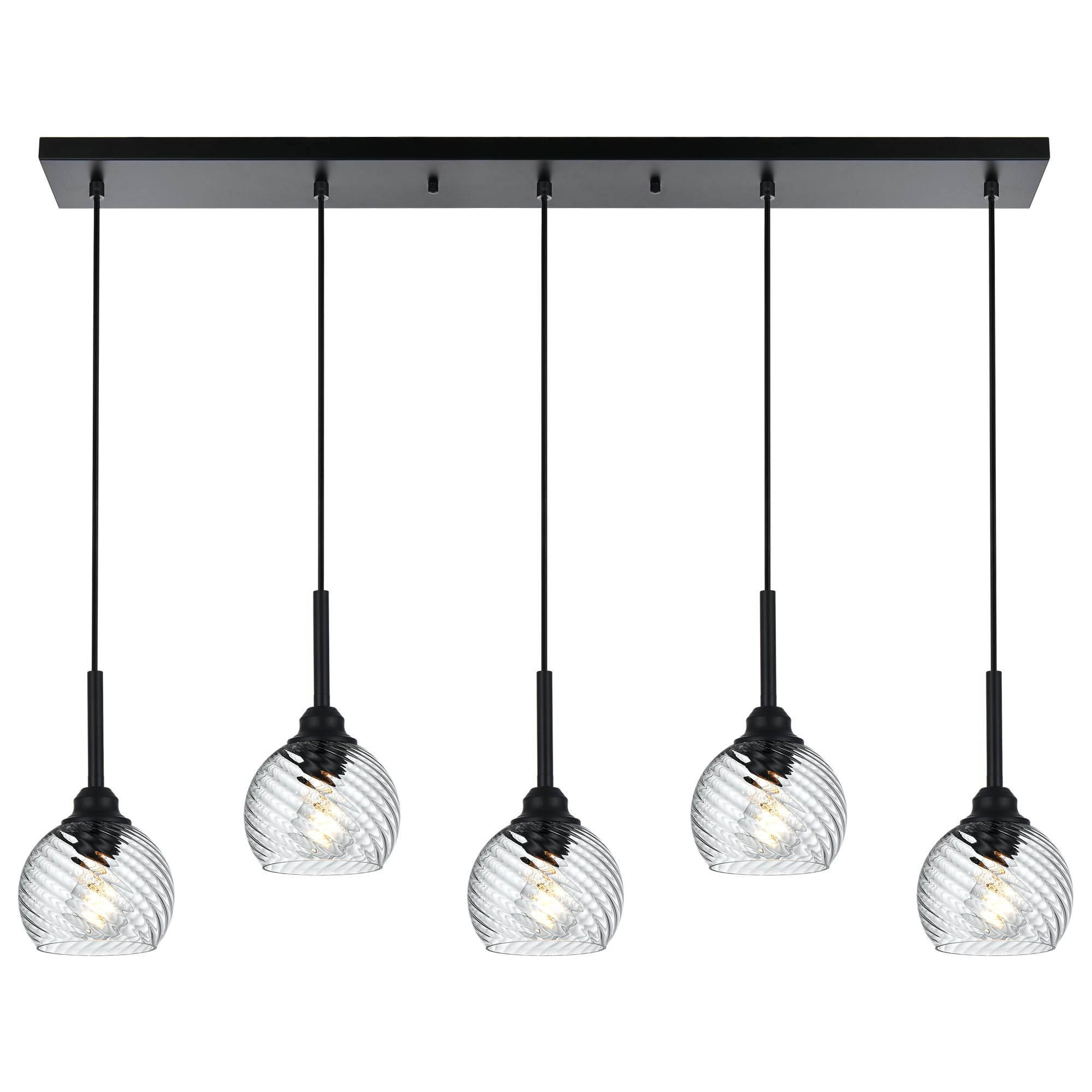 5-Light Black Blown Glass Pendant Light with Striped Swirl Globe - Modern Kitchen Island Lighting, Hanging Ceiling Lamp for Dining Room, Bar & Living Room - Perfect for Contemporary Home Decor and Ambient Lighting