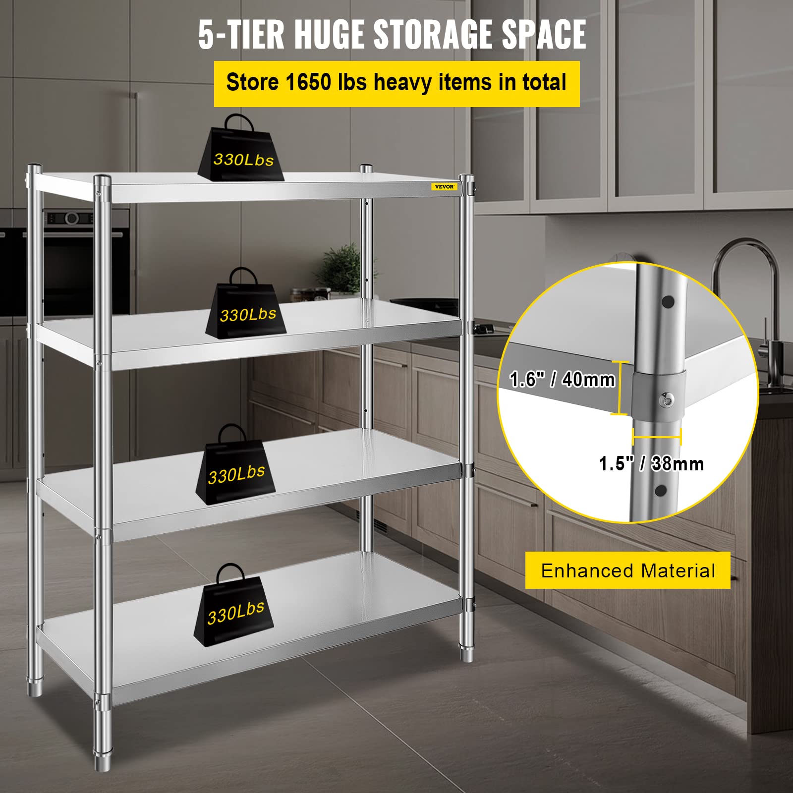 VBENLEM 46.8x18.5 Inch 4-Tier Adjustable Stainless Steel Shelving Unit - Heavy Duty 330lb Capacity Per Shelf for Kitchen, Commercial, Office & Garage Storage | Perfect for Organizing Pantry Supplies, Restaurant Equipment, Workshop Tools & Home Storage Solutions