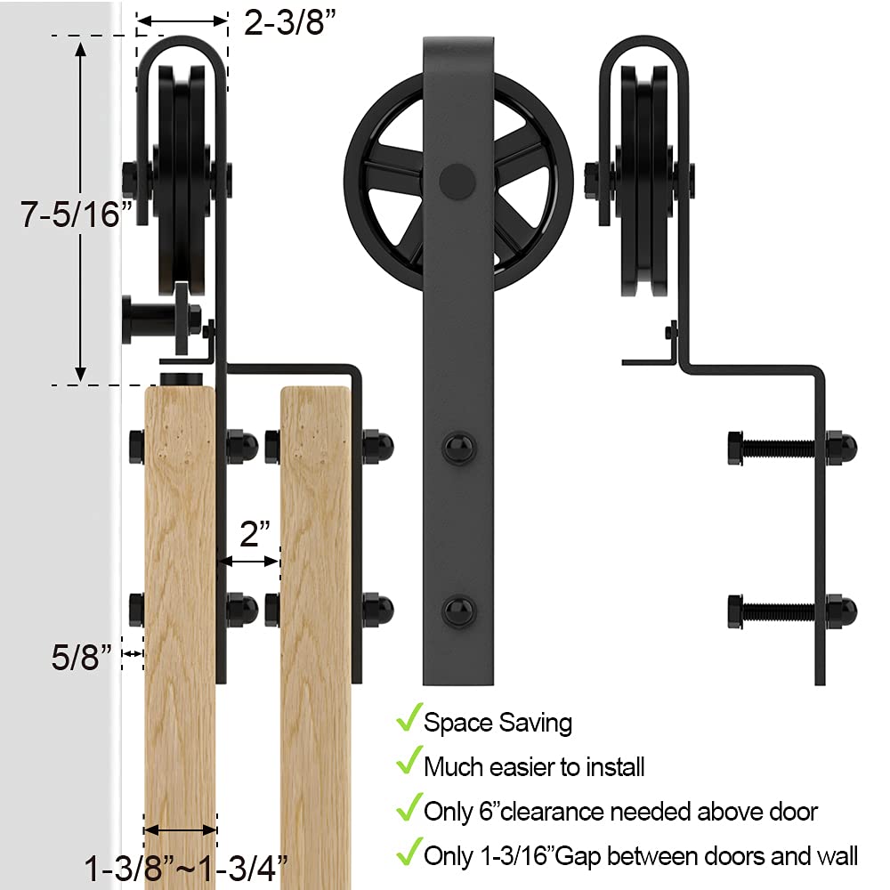 WINSOON 5FT to 10FT Adjustable Bypass Sliding Barn Door Hardware Kit - Heavy Duty Single Track System for Double Doors with Big Spoke Wheels - Low Ceiling Design for Bedroom, Closet, or Farmhouse Style Interior