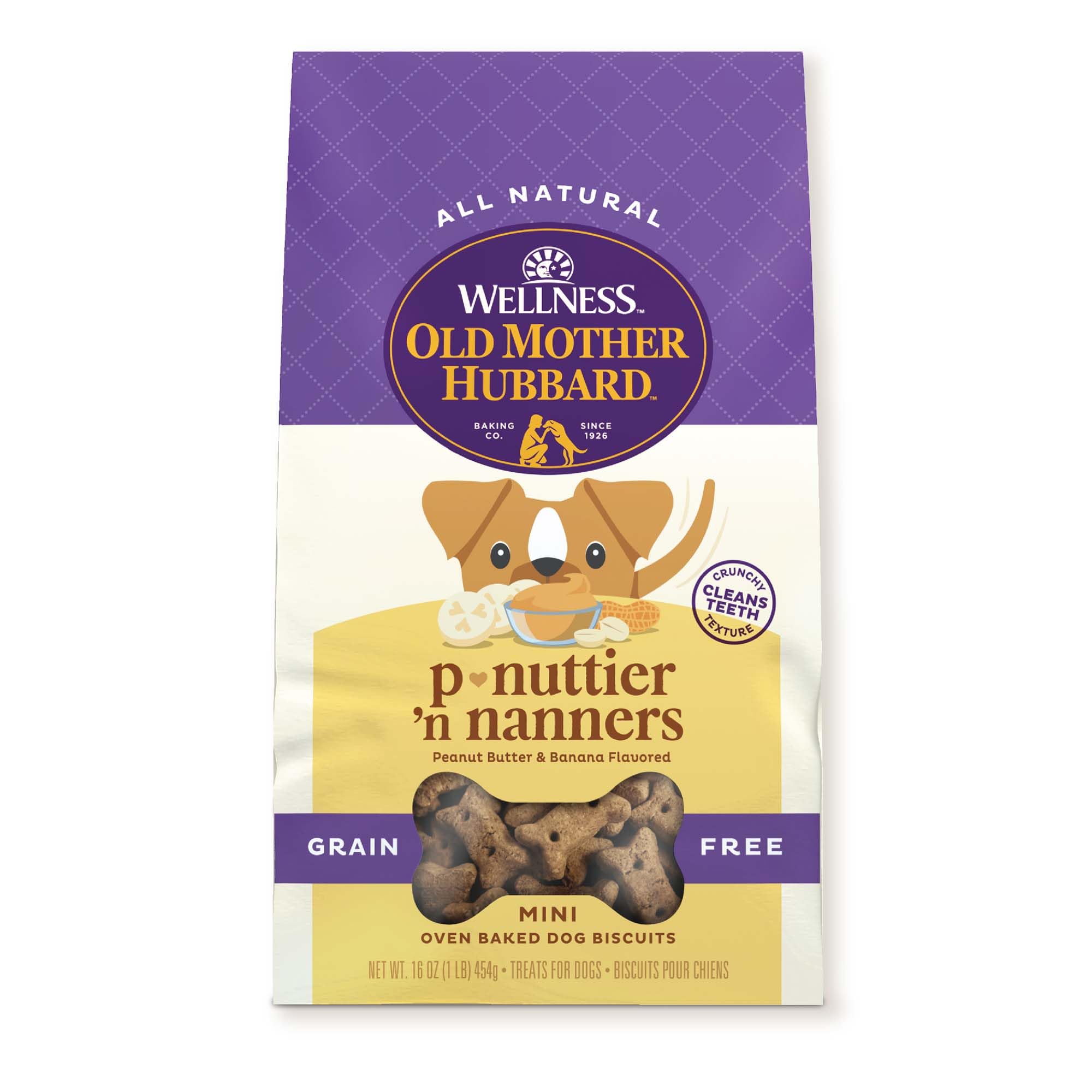 Wellness Old Mother Hubbard P-Nuttier 'N Nanners Natural Dog Treats - Peanut Butter & Banana Flavor Mini Training Biscuits (1 Pound Bag) - Perfect for Small Dogs & Reward-Based Training