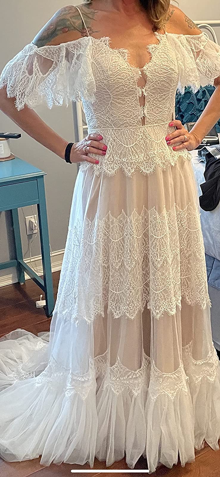 Elegant Boho Wedding Dresses for Women - Lace V-Neck Ruffled Sleeve Beach Wedding Gowns | Perfect for Outdoor, Garden & Destination Ceremonies