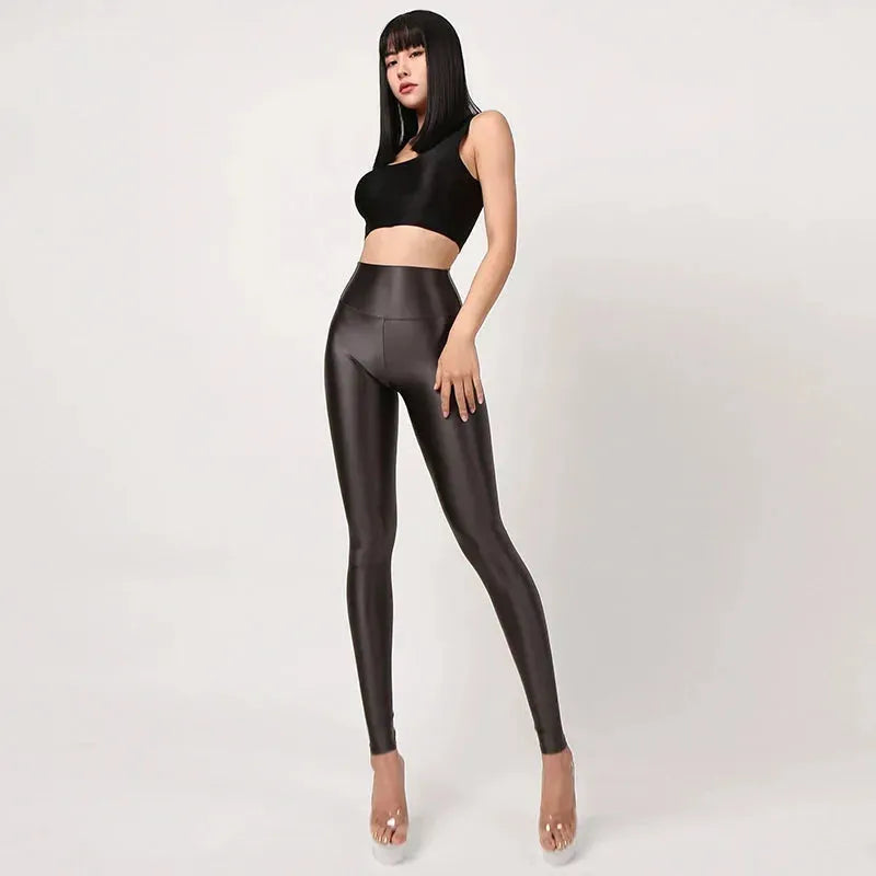Seamless Satin Glossy High Waist Yoga Pants for Women - Sexy Tight Silk Leggings, Plus Size Workout Pants, Shiny Sports Tights for Fitness, Dance & Lounge Wear