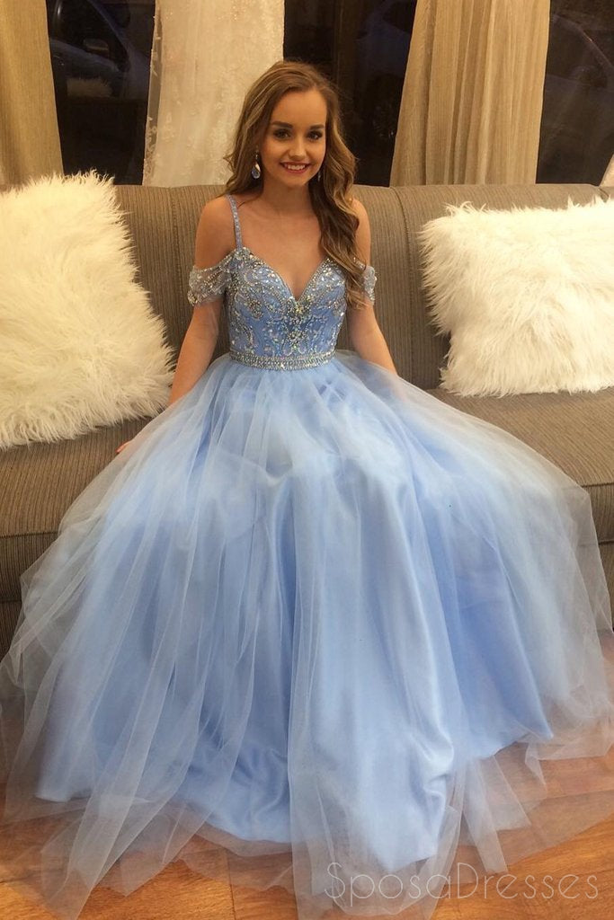Elegant Off Shoulder Beaded Blue A-Line Long Evening Prom Dress - Custom Made Formal Gown for Women | Perfect for Prom Night, Homecoming, Wedding Guest & Special Occasions