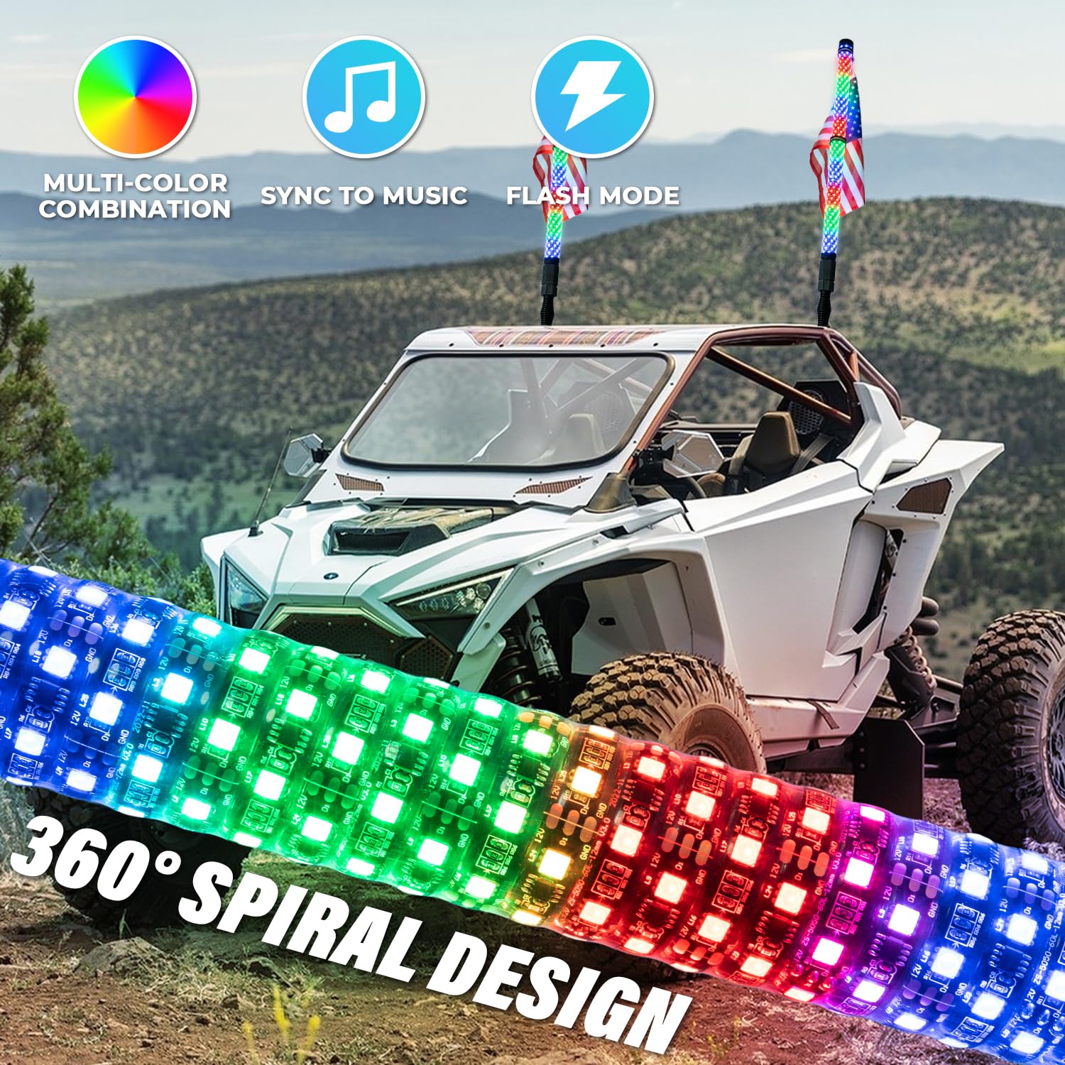 2Pcs 2FT LED Fat Whip Lights with Spring Base - 360° Spiral RGB Chasing Lighted Antenna for Cars, Trucks, ATVs & UTVs | App & Remote Control | Perfect for Off-Roading, Night Rides & Vehicle Customization