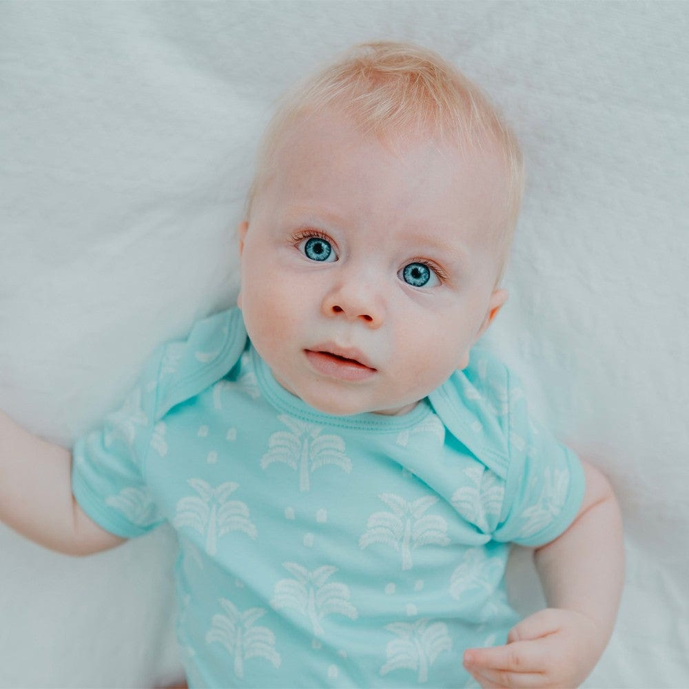 Organic Cotton Summer Short Sleeve Baby Onesie - Soft Hawaiian Pineapple & Palm Tree Print in Island Green - Perfect for Beach Vacations & Tropical Theme Photoshoots