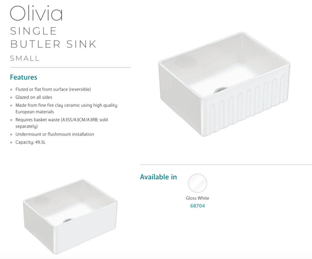 Fienza 68704 Olivia Small Single Butler Sink 24