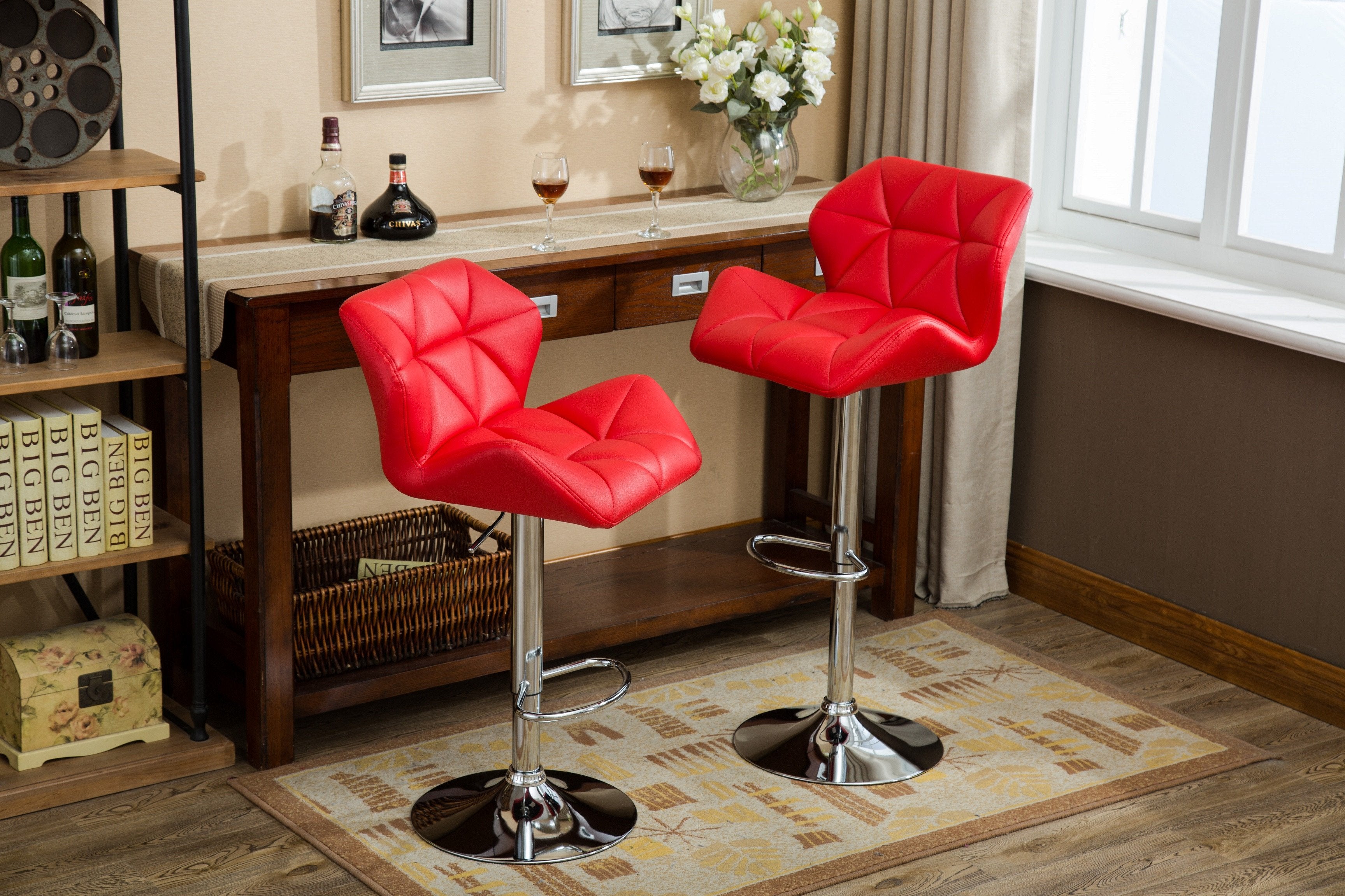 Roundhill Furniture Glasgow Contemporary Tufted Adjustable Hydraulic Bar Stools, Red, Set of 2 - Perfect for Kitchen Islands, Home Bars & Modern Dining Areas