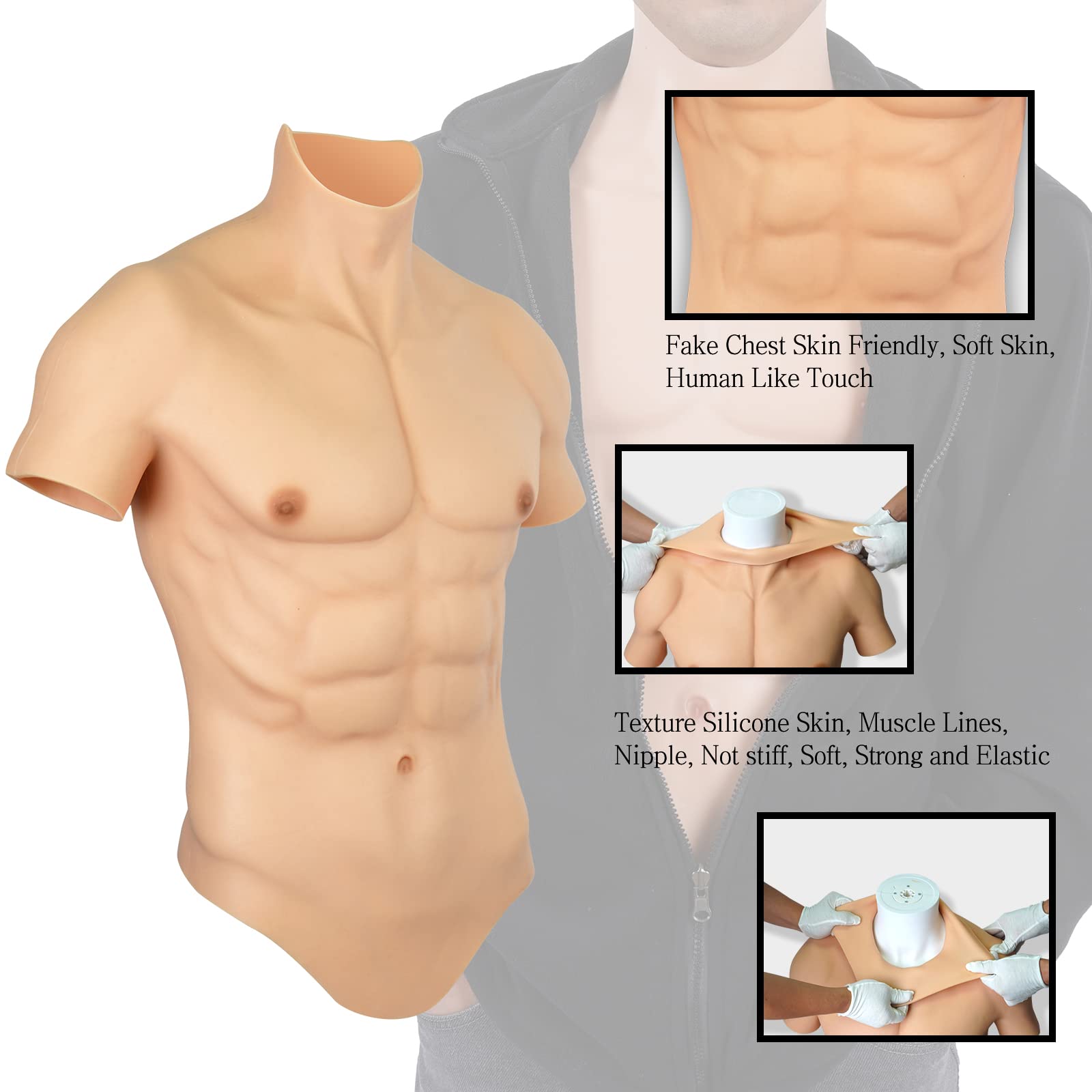 Realistic Silicone Muscle Chest Plate - Fake Male Torso for Cosplay, Halloween Costume & Bodybuilding - Perfect for Costume Parties, Theater Performances & Cosplay Events