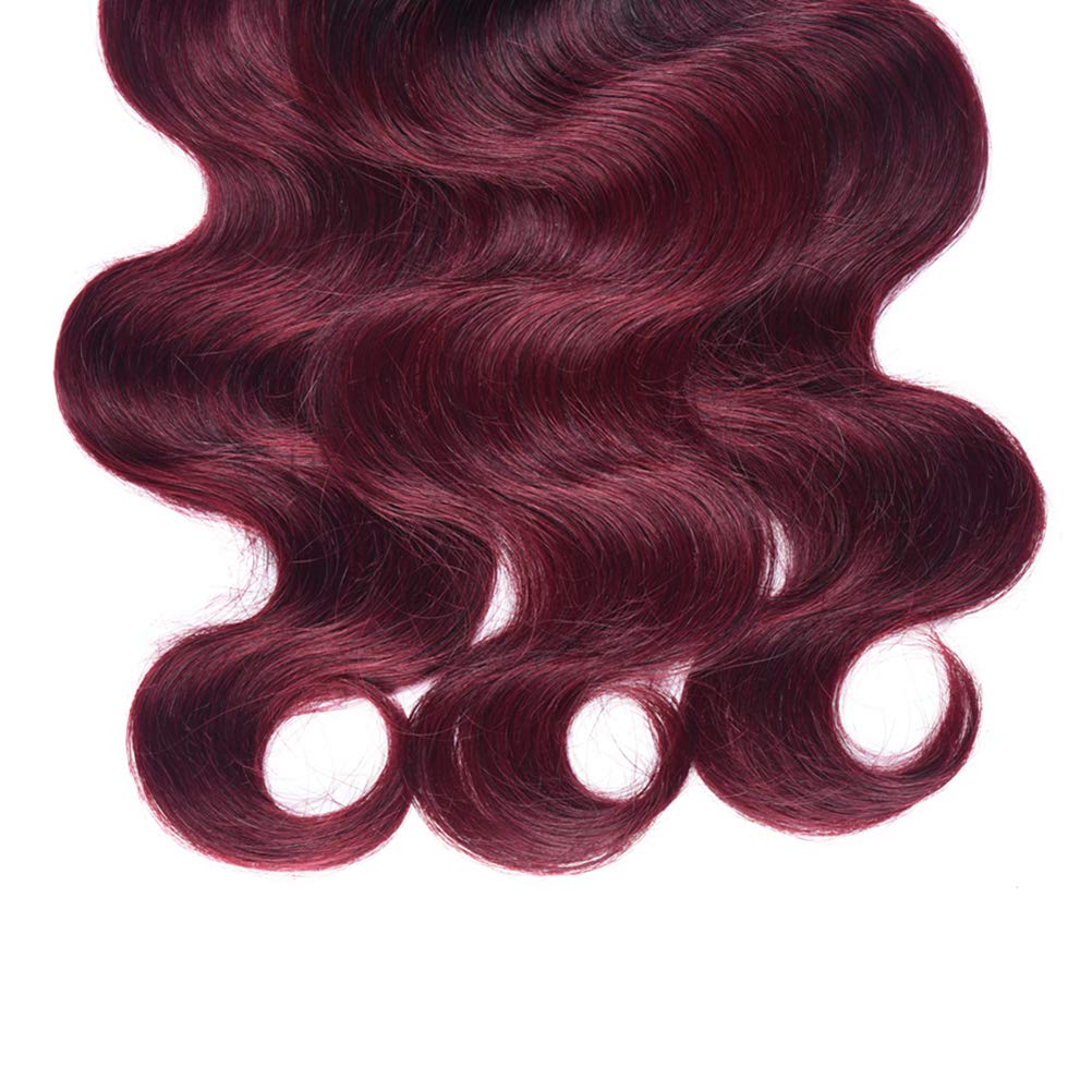 Brazilian Ombre Burgundy Human Hair Bundles 8A Body Wave Weaves - 1B/99J Ombre Red Hair Extensions (18, 20, 22 Inch) for Stunning Length & Volume | Perfect for Parties, Weddings & Everyday Glam
