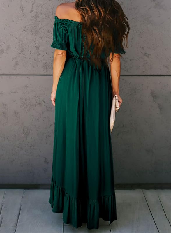 Dokotoo Women's 2025 Off Shoulder Casual Short Sleeve Maxi Dress - High Low Solid Cocktail Skater Dress for Summer Beach Party, Wedding Guest & Date Night