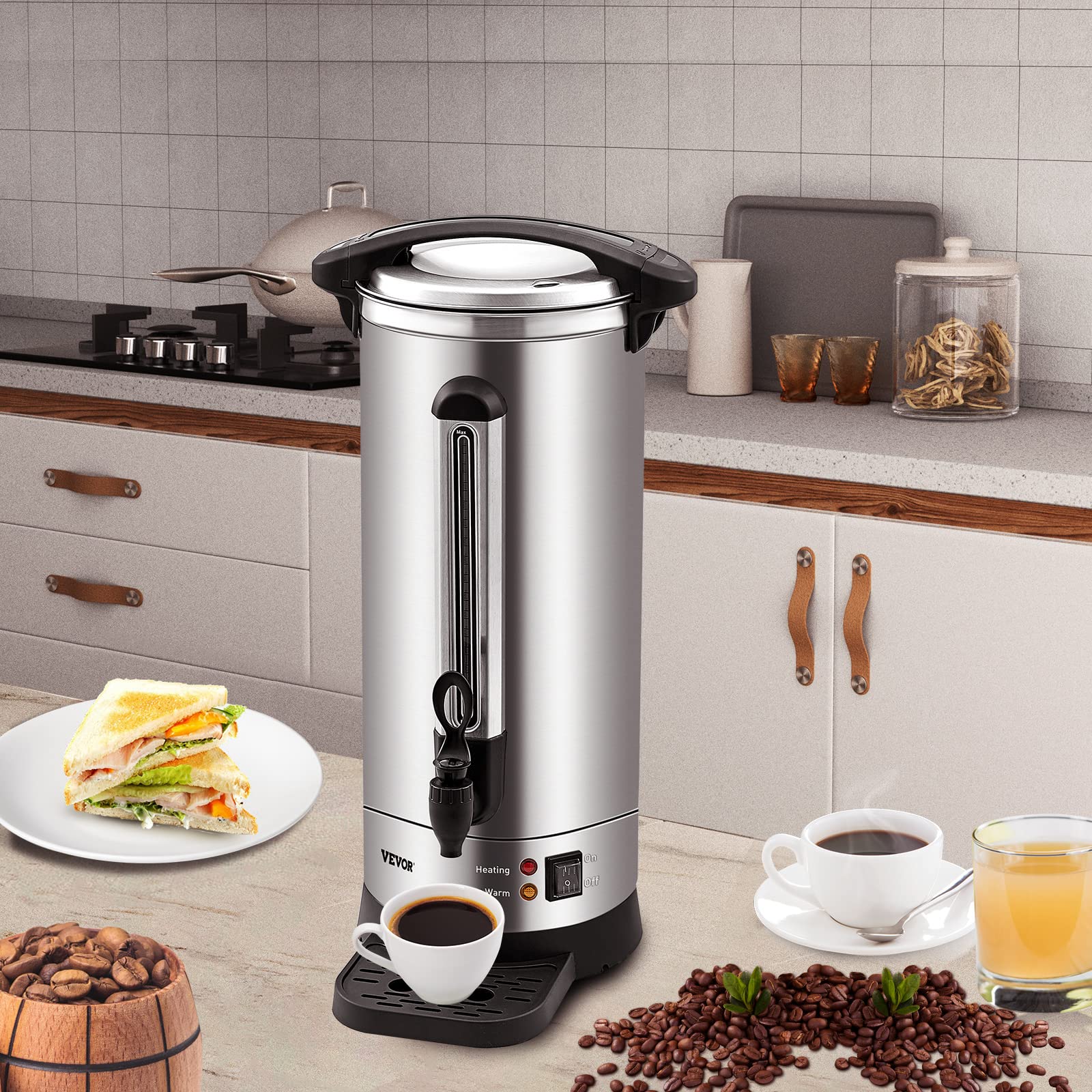 VEVOR 65-Cup (9.75L) Commercial Coffee Urn with Level Window - 1500W Large Capacity Coffee Maker for Events, Catering & Offices - Perfect for Weddings, Parties & Restaurants