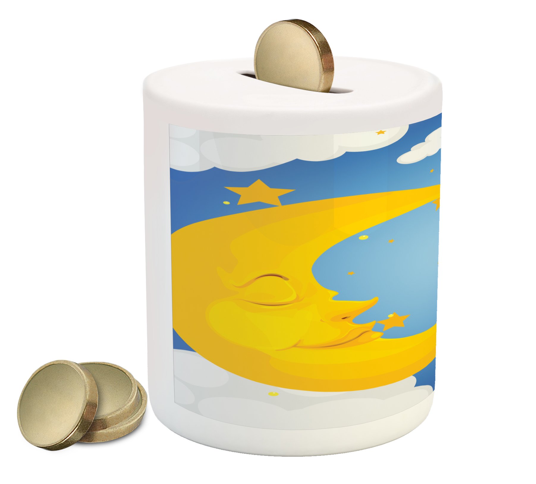 Ambesonne Superhero Piggy Bank - Cartoon Girl with Cape & Crescent Moon Design, Ceramic Coin Bank for Cash Savings, Multicolor | Perfect Gift for Kids, Birthday, Christmas & Home Decor