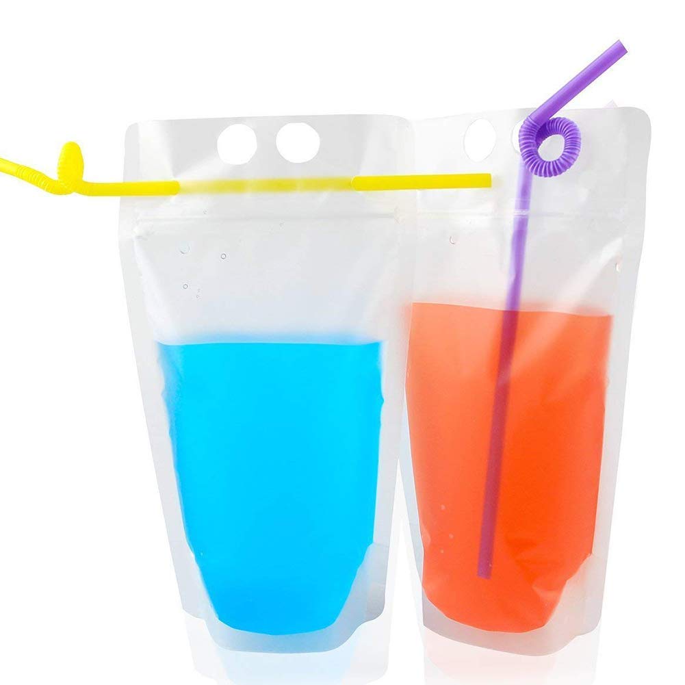 50pcs Reusable Drink Pouches with Colorful Straws - Leakproof Freezer Safe Juice & Water Bags, Transparent Reclosable Zipper Pouches for Kids, Outdoor, Picnics, Camping & Travel