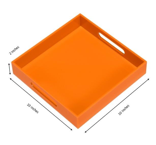 Orange Acrylic Serving Tray with Handles - 10x10 Inch for Kitchen, Vanity & Ottoman