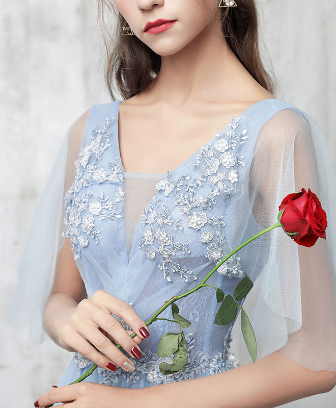 Elegant Blue V-Neck Tulle Lace Applique Long Prom Evening Dress for Women - Perfect for Homecoming, Formal Parties & Special Occasions