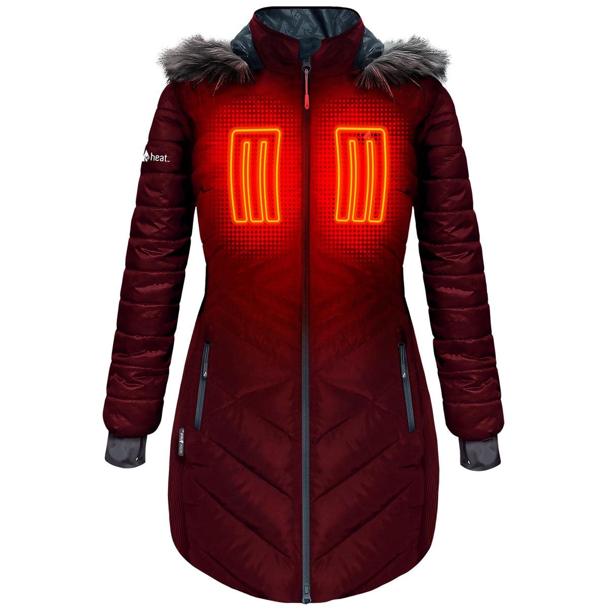 ActionHeat Women's Long Puffer Heated Jacket - Winter Heated Coat with Hood, Battery-Powered Warm Jacket for Outdoor Activities, Skiing, and Cold Weather Commuting
