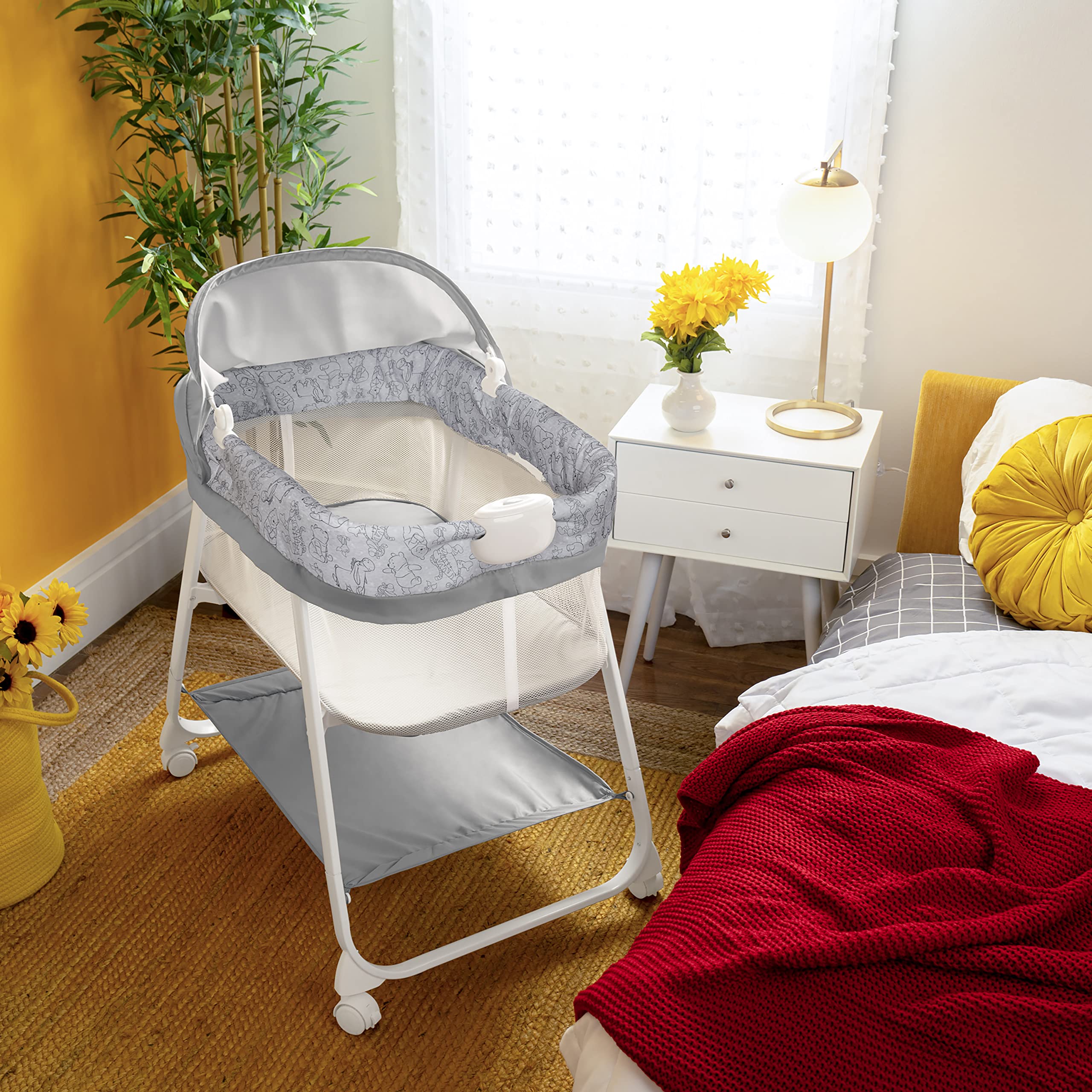 Bright Starts Disney Baby Winnie the Pooh Soothing Vibrations Baby Bassinet - Newborn to 5 Months | Portable Infant Bed with Gentle Vibrations & Plush Pooh Design | Perfect for Nursery, Travel & Daycare Naps