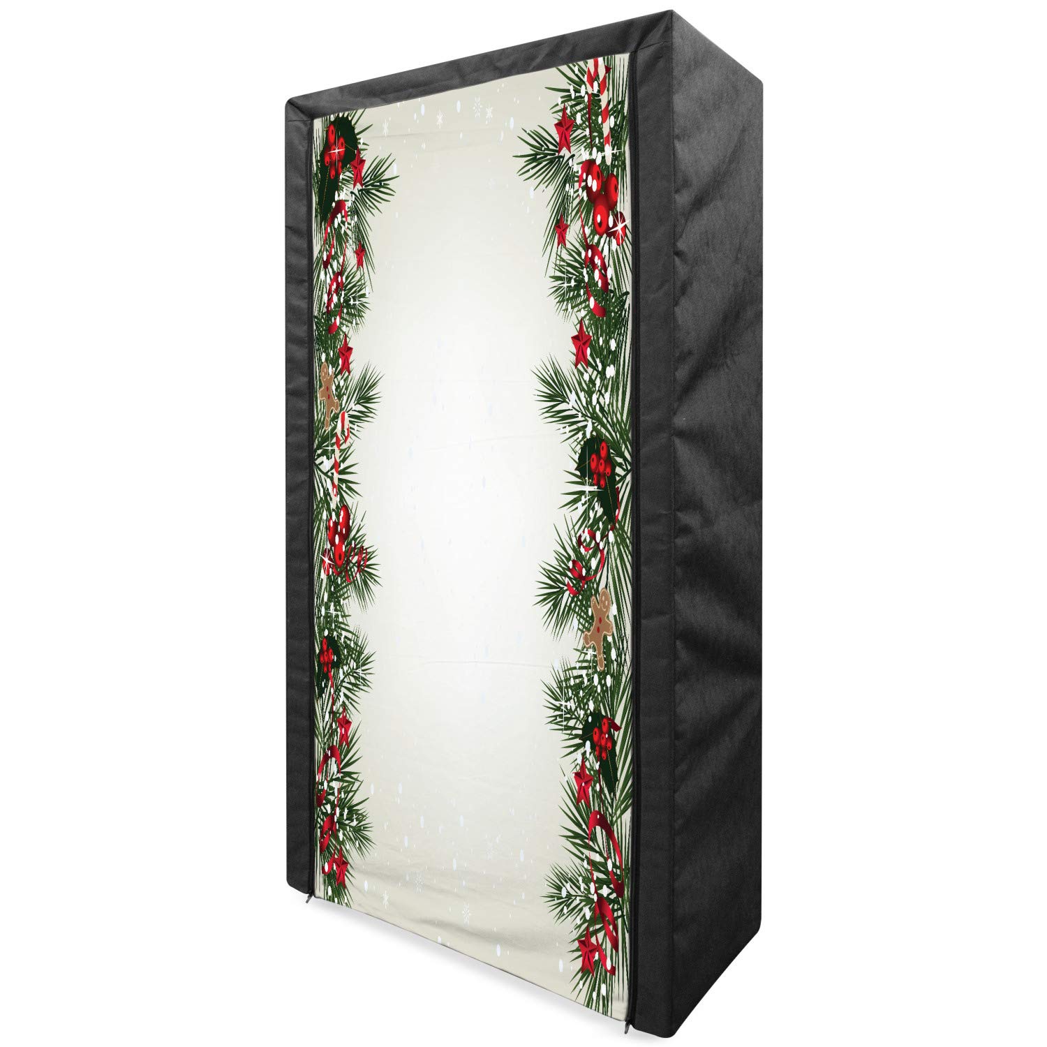 Ambesonne Christmas Portable Fabric Wardrobe | Tree Branch Border with Berry Ribbon & Gingerbread Man Design | 33.5
