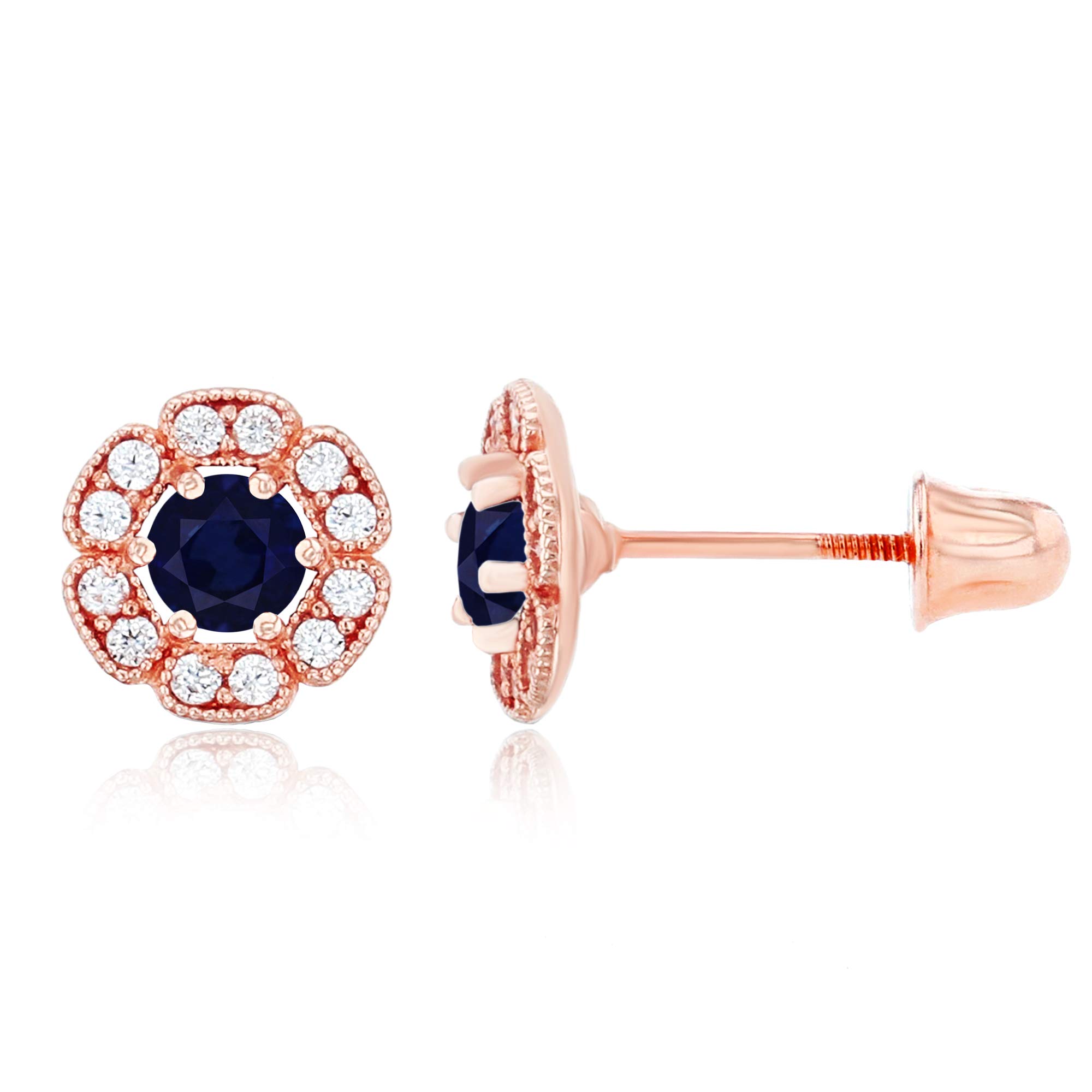 14K Gold 6mm Natural Birthstone Flower Screwback Stud Earrings for Women | 7mm Round Birthstone | 1mm White Sapphire Flower Earrings | Perfect for Birthdays, Anniversaries & Everyday Elegance