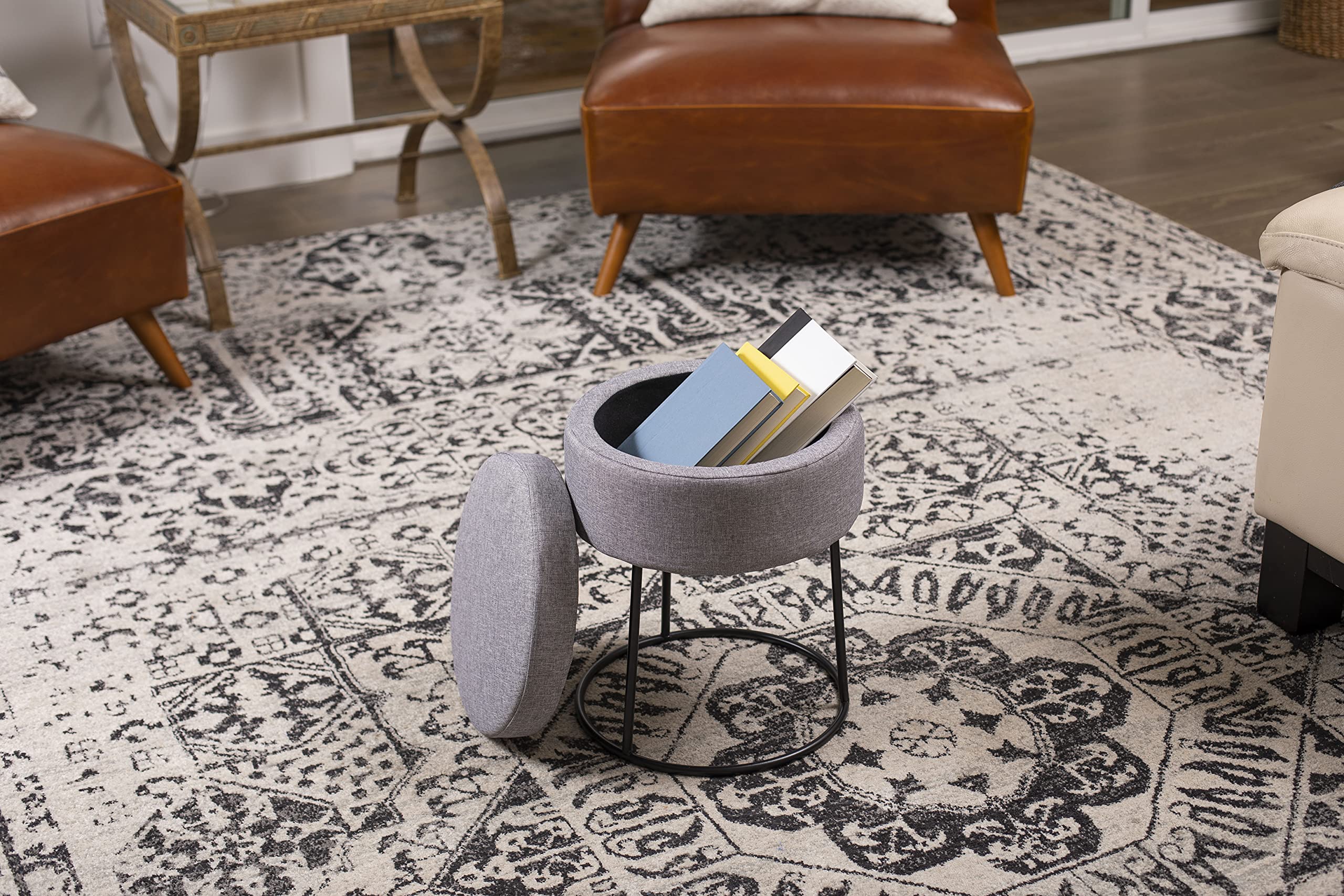 BIRDROCK HOME Grey Linen Storage Stool Ottoman with Black Metal Legs - Compact Padded Seat Footrest for Living Room, Office, Bedroom - Multi-Purpose Storage Bench for Home Decor, Vanity, Dorm & Small Spaces