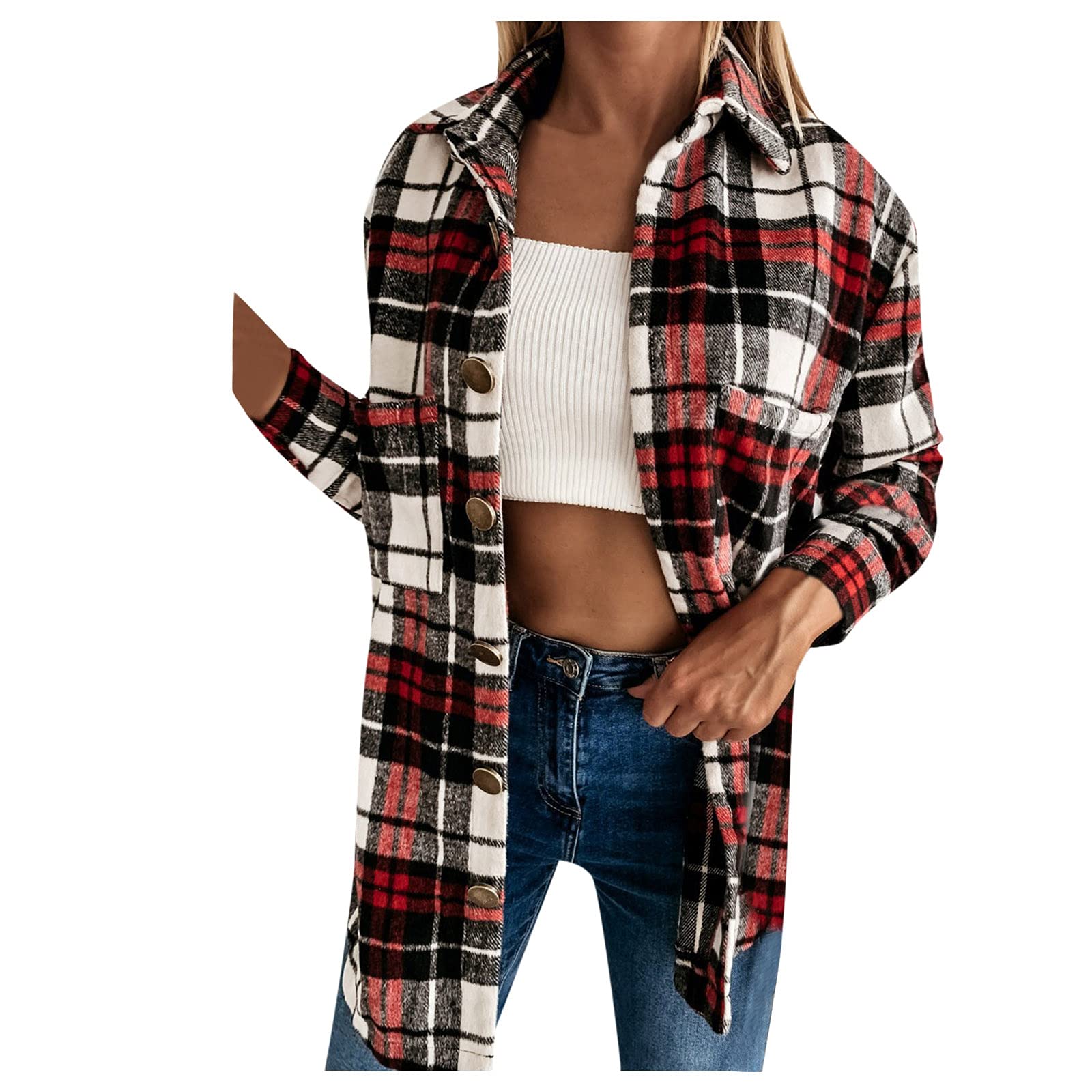 Smooto Women's Fall Plaid Shacket Jacket - Button-Up Flannel Wool Blend Shirt Coat (Brown, Large) | Cozy Layering for Autumn Outings & Casual Office Wear