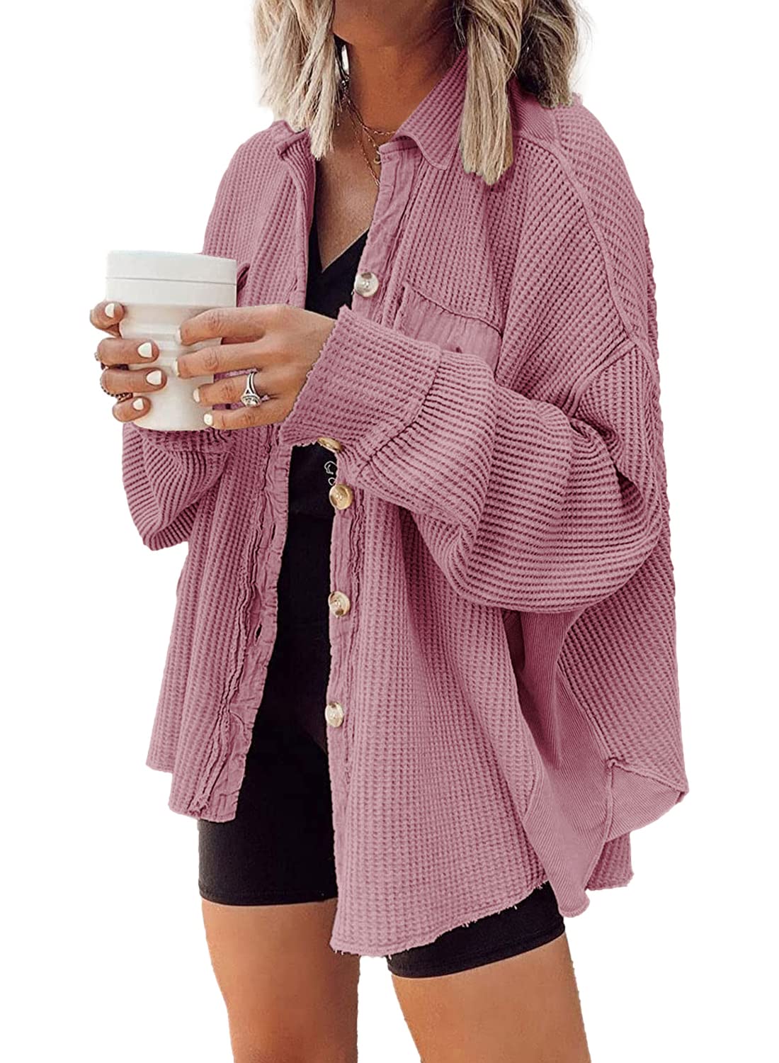 Nirovien Women's Waffle Knit Shirt Jacket - Oversized Button Down Shacket with Batwing Sleeves | Casual Fall Layering Top for Work, Travel & Streetwear Outfits