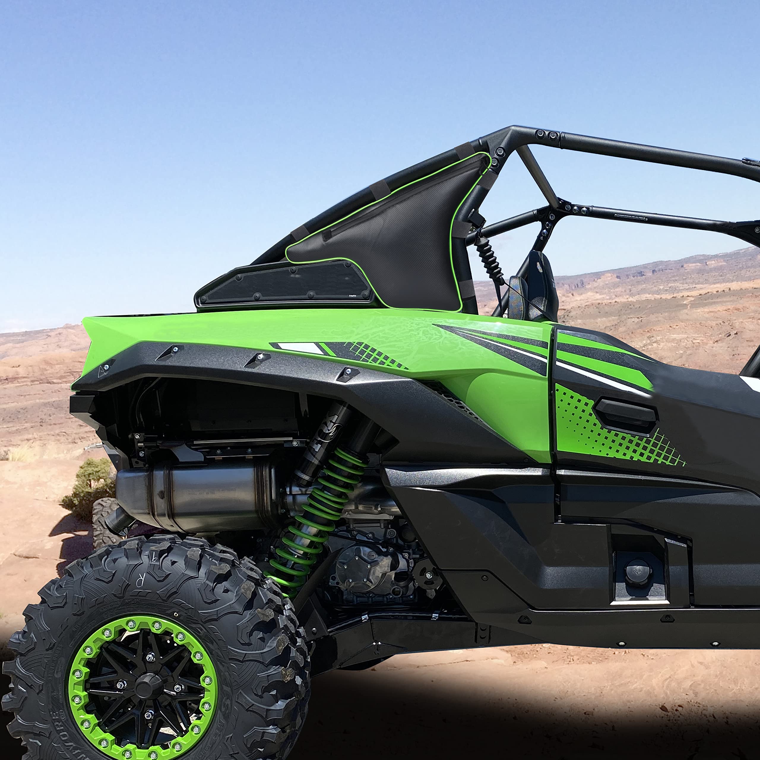 Goldfire Teryx KRX Side Cage Storage Bag - 2 Pack Black Triangle Truss Organizer with Green Piping | Compatible with Kawasaki Teryx KRX 1000 (2020+ Models) | Perfect for Off-Road Adventures, Hunting Gear Storage & Trail Organization