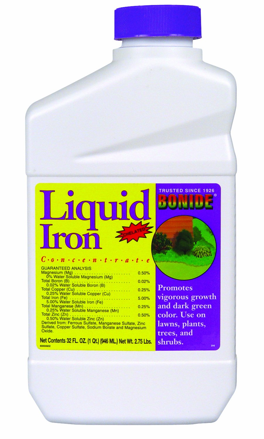 Bonide 299 1 Quart Liquid Iron + Micronutrients Concentrate for Plants - Iron Supplement for Lawns, Trees & Shrubs - Treats Iron Deficiency & Yellow Leaves - Ideal for Gardening & Landscaping