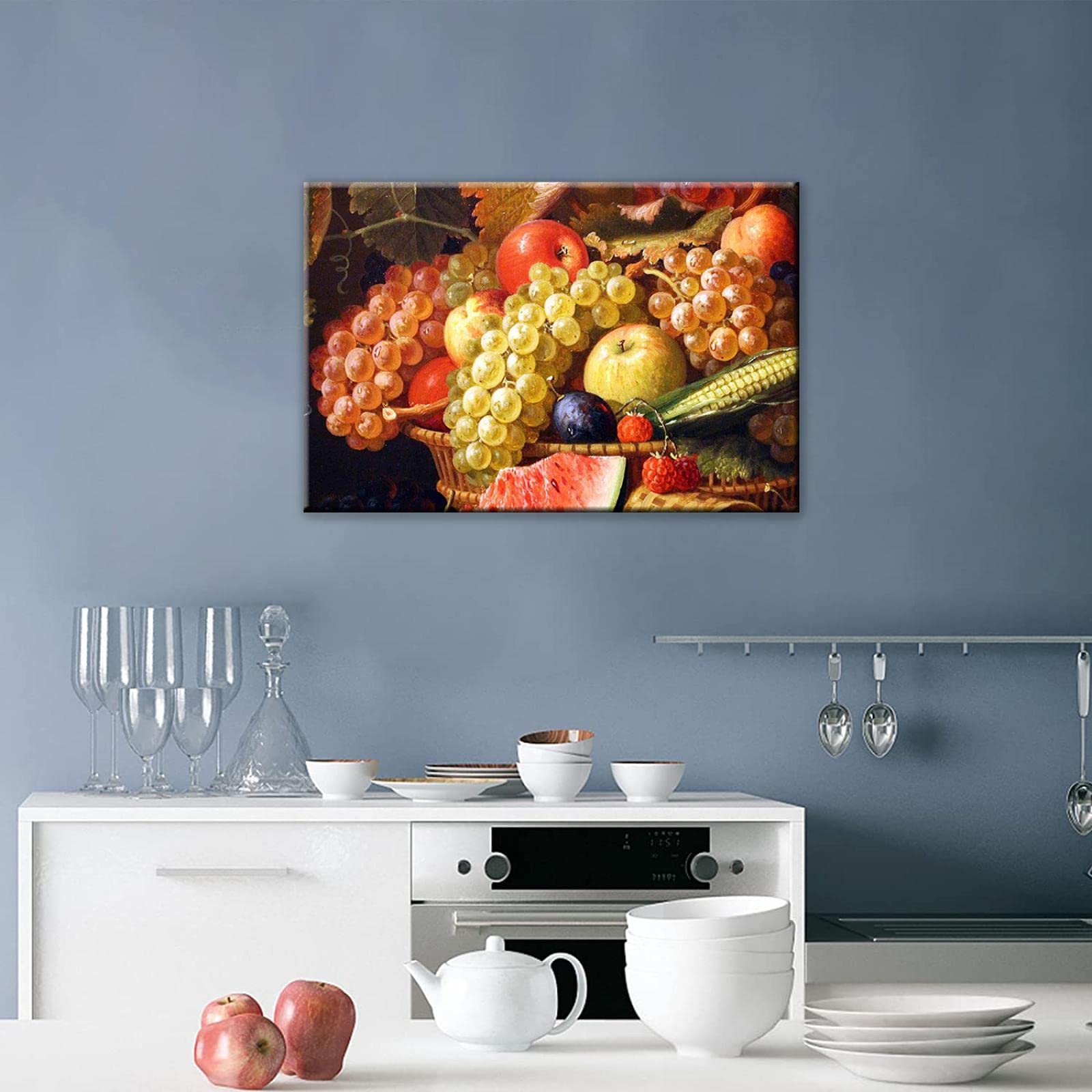 Grapes and Fruit Basket Canvas Wall Art - Framed Kitchen Pictures Decor 16x24 Inches, Ready to Hang Food Painting for Dining Room & Kitchen - Perfect for Home Decor, Housewarming Gifts, and Restaurant Wall Art