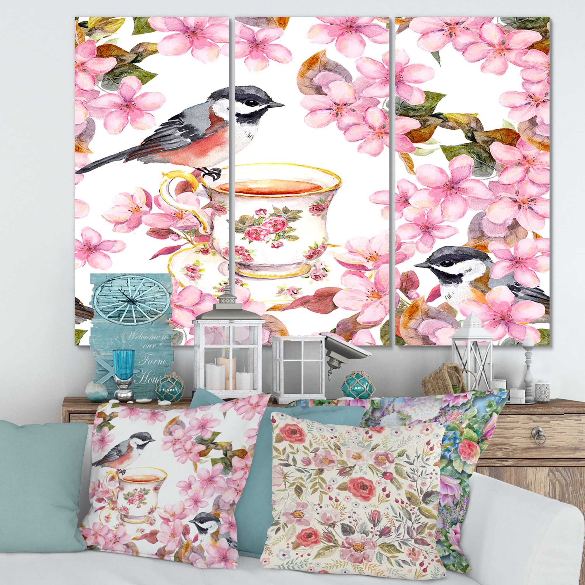 DesignQ Traditional Chinese Birds and Flowers Tea Cup Canvas Wall Art - Elegant Home Decor for Living Room, Bedroom & Office