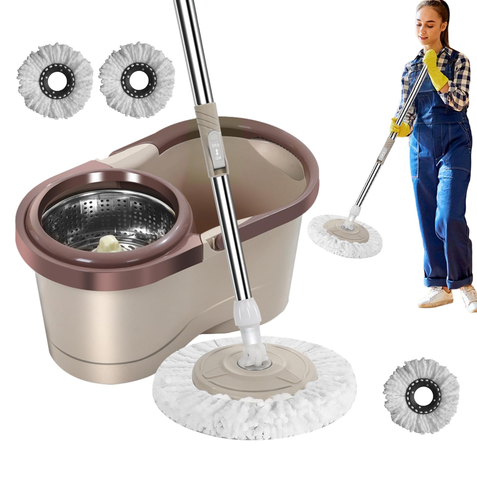 1 Set Rotating Spin Mop with Bucket - Automatic Floor Cleaning Mop with Microfiber Heads, Self-Wringing System for Home, Kitchen, Bathroom & Hardwood Floors