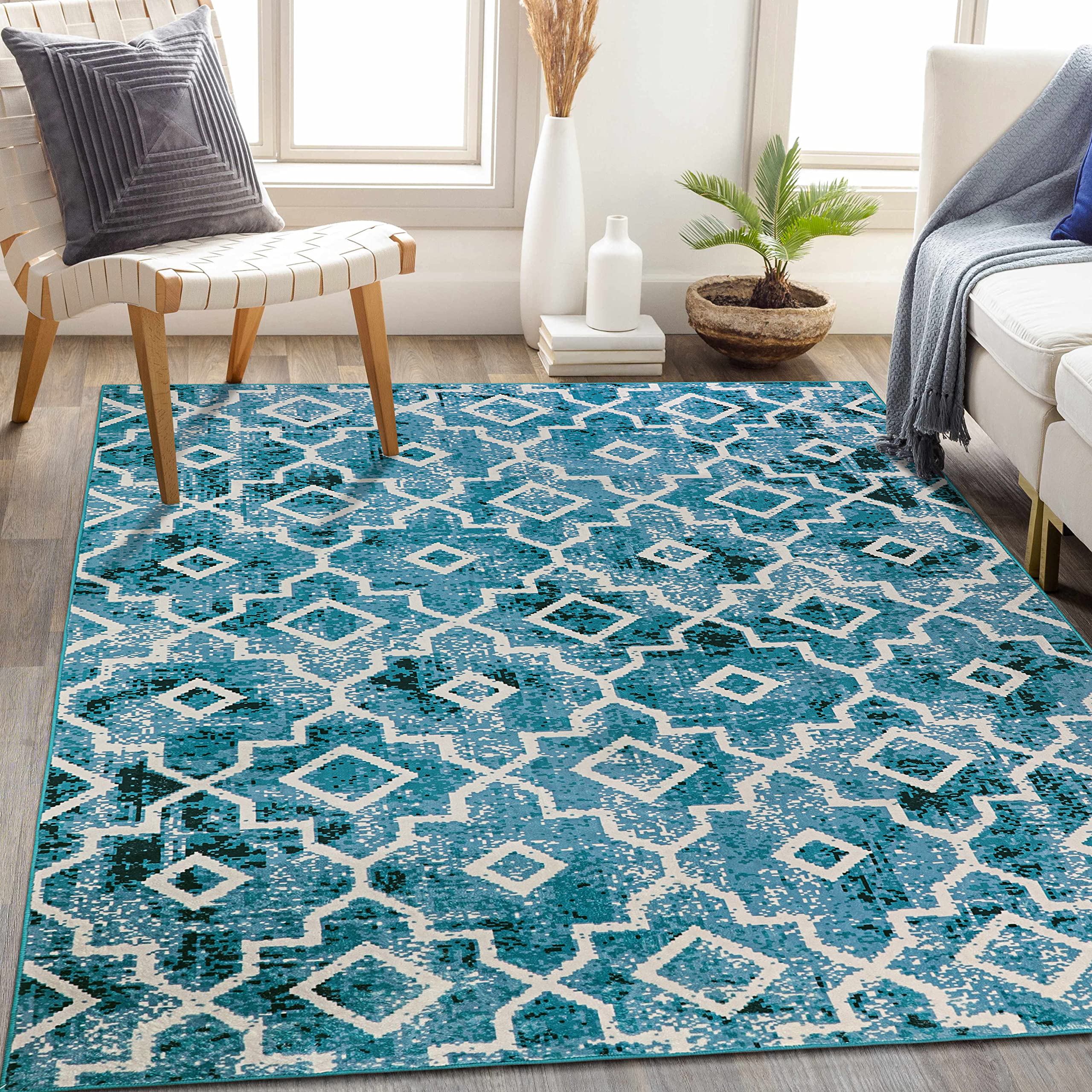 Wonnitar 5x7 Teal Moroccan Area Rug - Machine Washable Modern Geometric Non-Slip Indoor Carpet for Living Room, Nursery, Bedroom & Dining Area | Soft Distressed Throw Rug with Non-Shedding Design for Home Decor