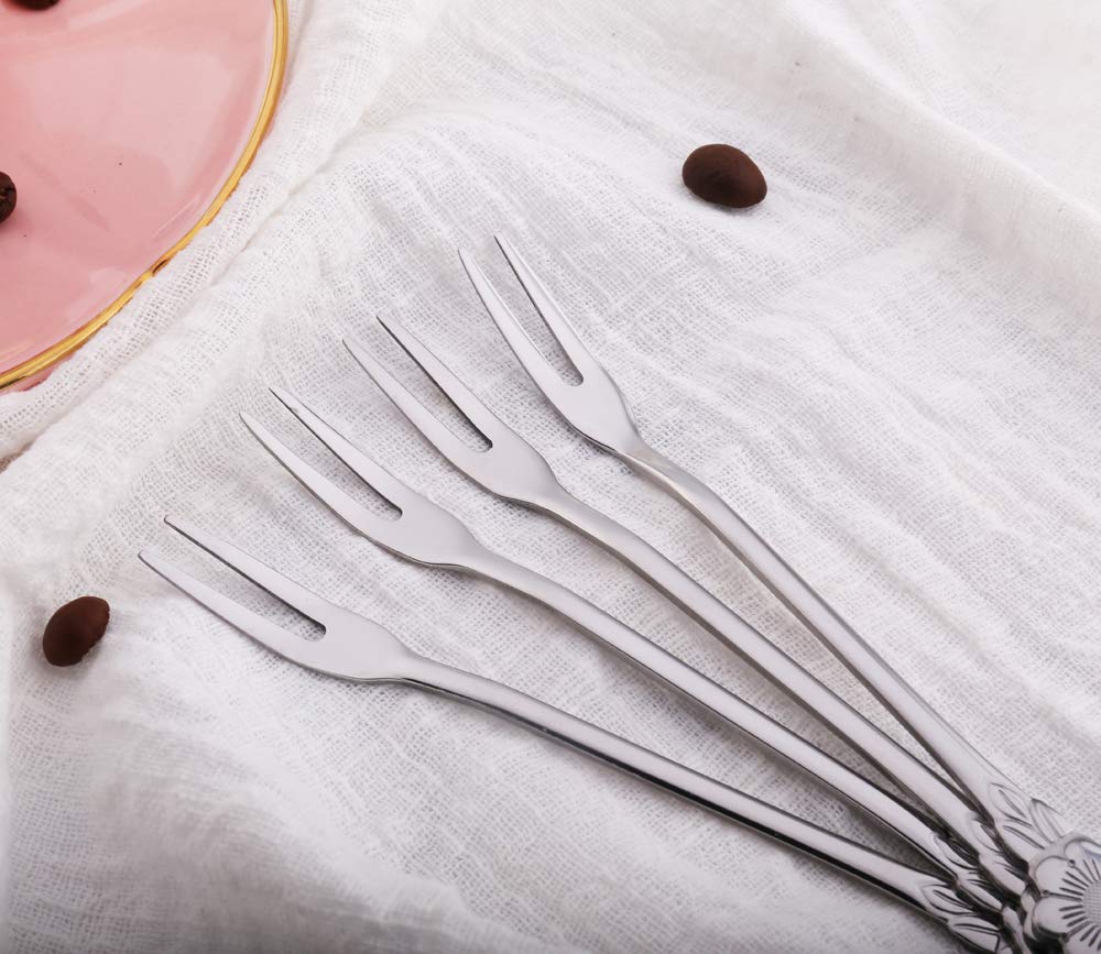 8Pcs 4.9 Inch Stainless Steel Flower Fruit Forks - Small Pickle Forks, Dessert Cake Forks, Salad Bistro Cocktail Forks - 2 Prong Appetizer Forks for Banquet, Party, Seafood, Cocktails (Silver) - Perfect for Wedding Receptions, Tea Parties, and Elegant Dining