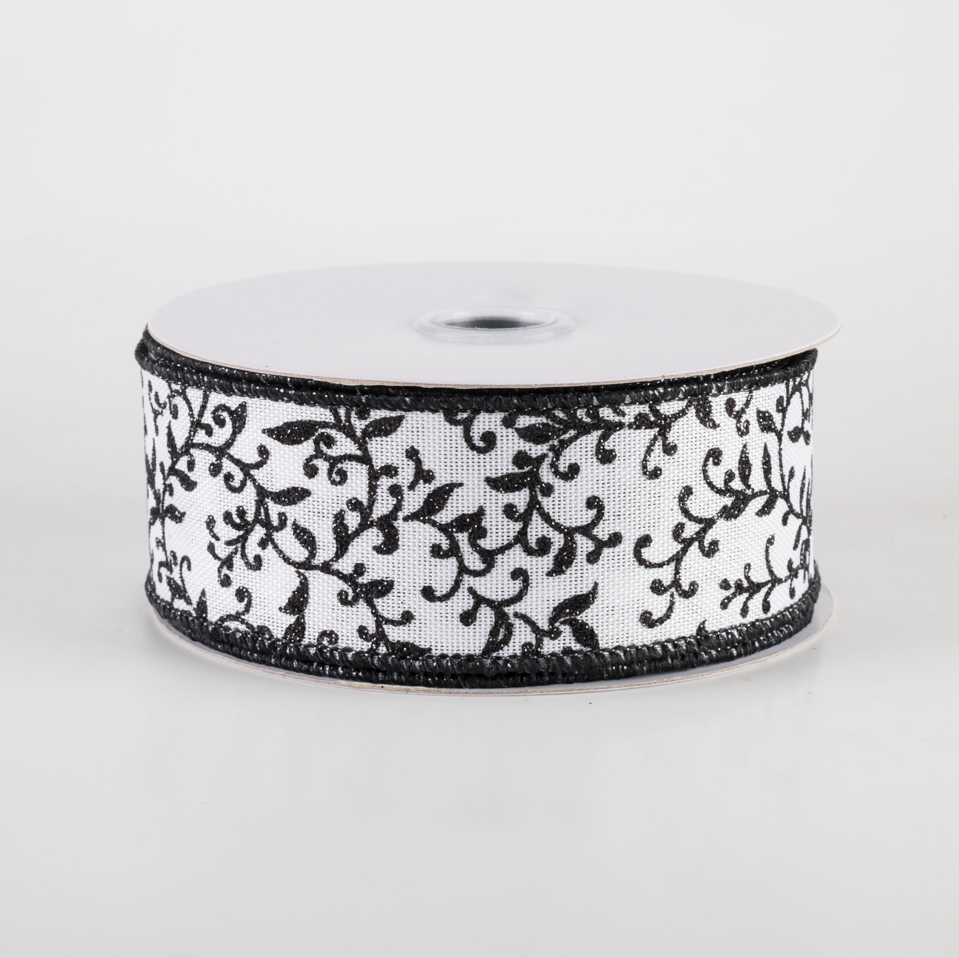 1.5 Inch Glitter Mini Leaf Vines Ribbon - Black & White (10 Yards) for DIY Crafts, Gift Wrapping, Wedding Decorations & Party Supplies