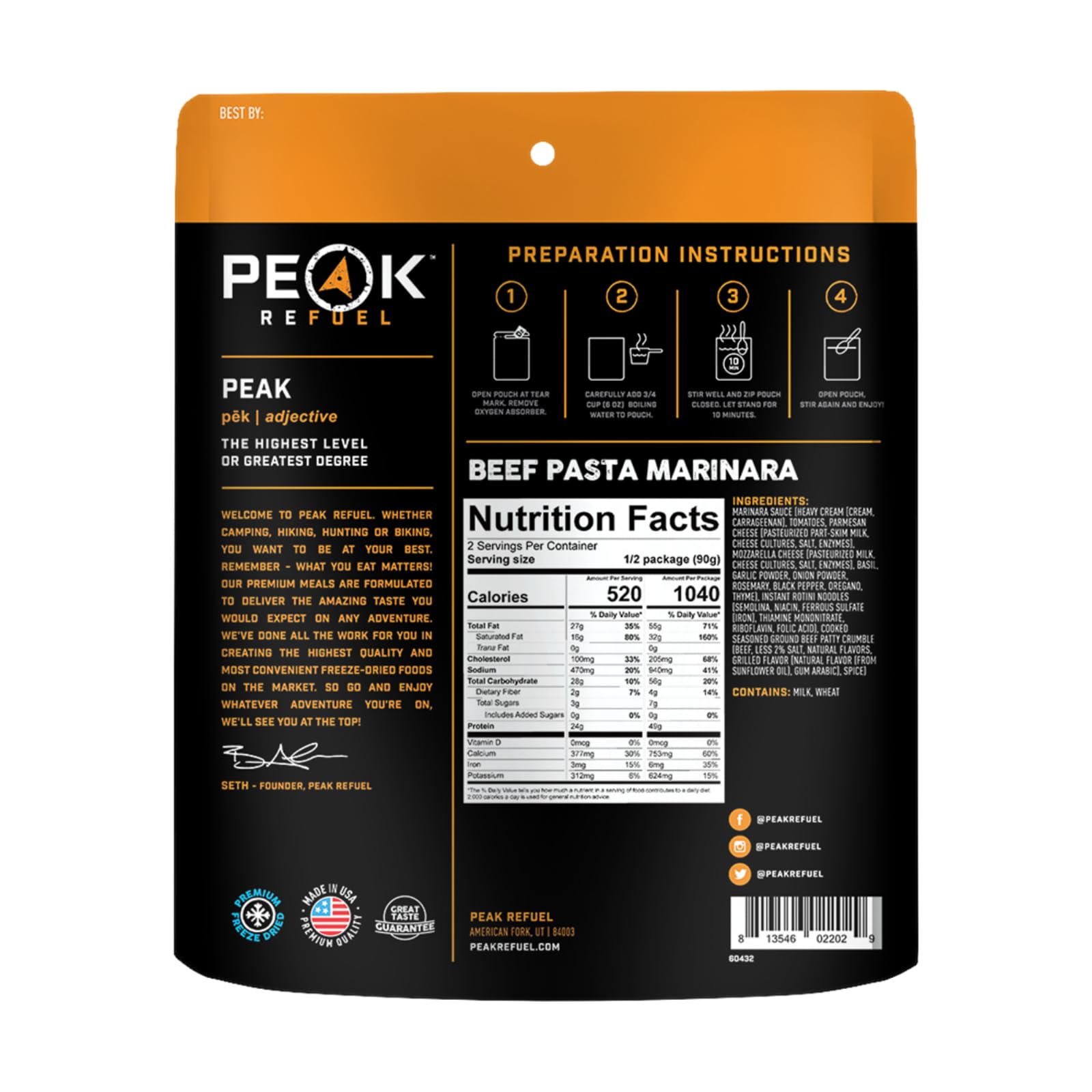 Peak Refuel Beef Pasta Marinara Freeze-Dried Meal - High Protein (49g) & Calories (1040) - 100% Real Meat - 2 Servings - Perfect for Backpacking, Camping & Emergency Preparedness - Lightweight Survival Food for Outdoor Adventures & MRE Kits