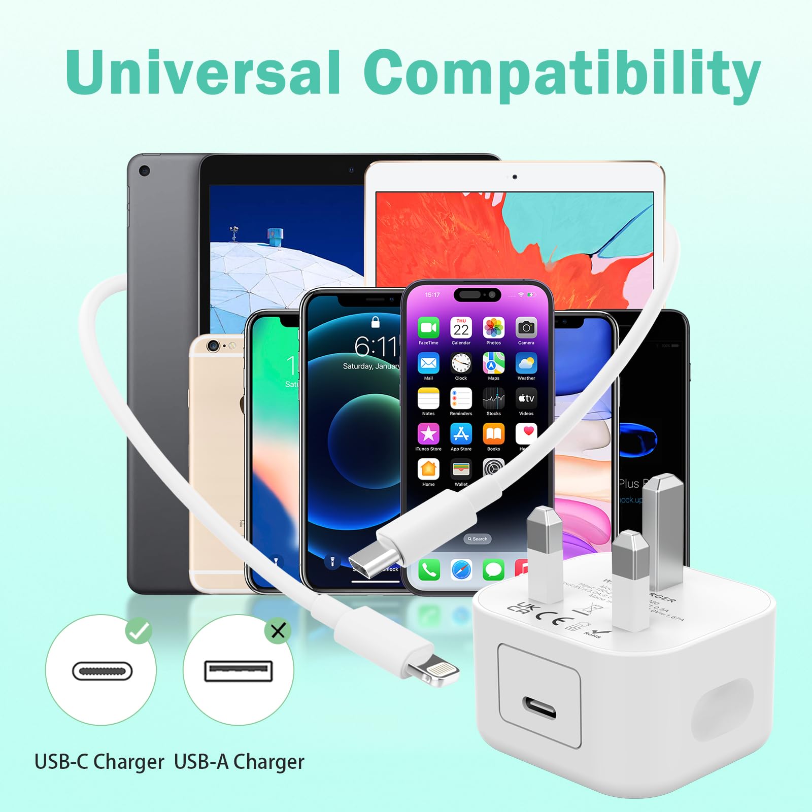 3-Pack MFi Certified 20W USB C Fast Charger with 6FT Lightning Cable - Compatible with iPhone 14/13/12/11/X/Plus/Pro/Pro Max/Mini/SE & iPad - Perfect for Home, Office & Travel Charging