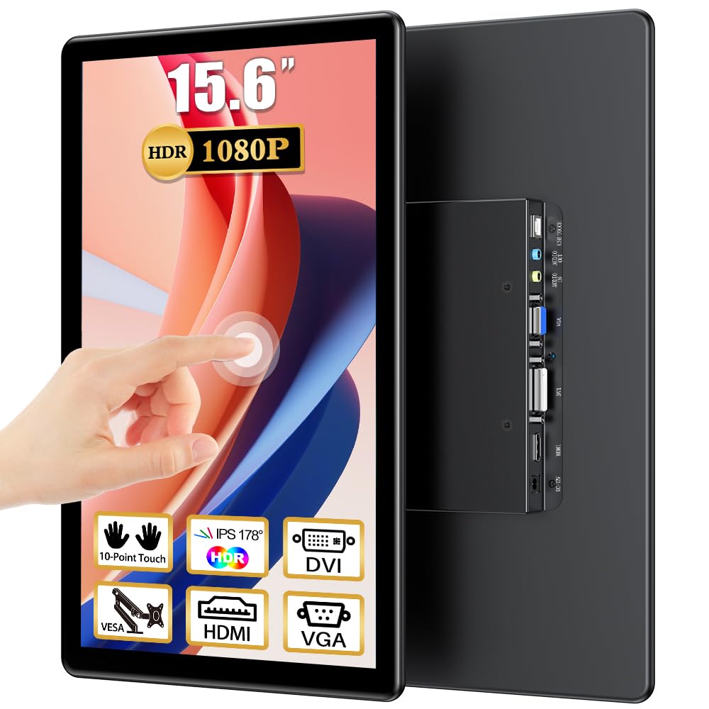 COOLHOOD 15.6 Inch Portable Touchscreen Monitor - 1080P Full HD IPS Display with VGA HDMI DVI Ports, VESA Compatible for Laptop, XBOX, PS4/5, Nintendo Switch - Perfect for Gaming, Office Work & Travel