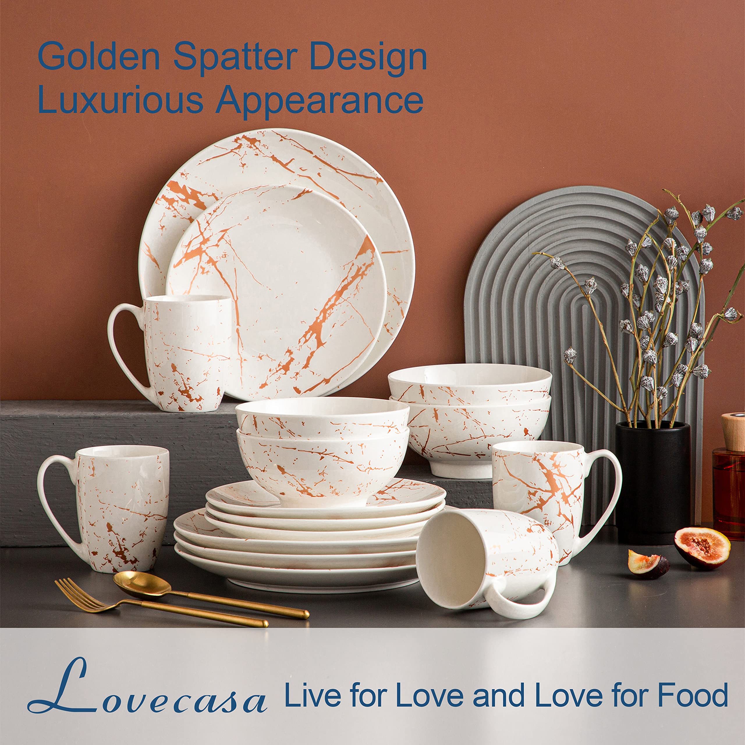 LOVECASA 16-Piece White Porcelain Dinnerware Set for 4 - Gold Splash Glaze Plates, Bowls & Mugs | Dishwasher & Microwave Safe | Elegant Table Setting for Dinner Parties, Restaurants & Home Dining