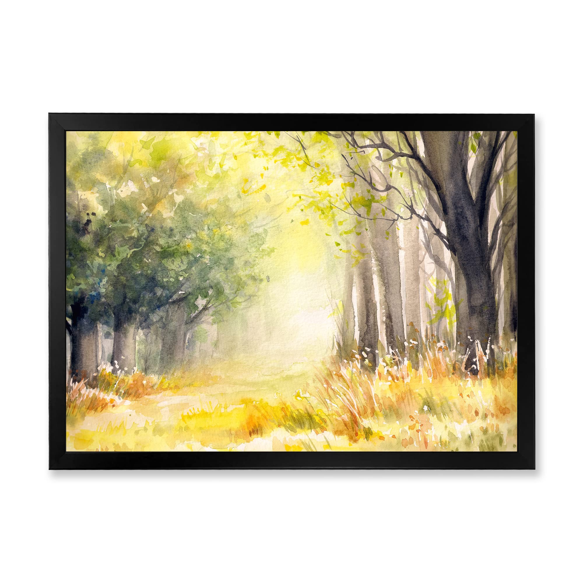 DesignQ Bright Sunshine Through The Forest Trees IV Traditional Framed Wall Art - Nature Landscape Painting for Living Room, Bedroom & Office Decor