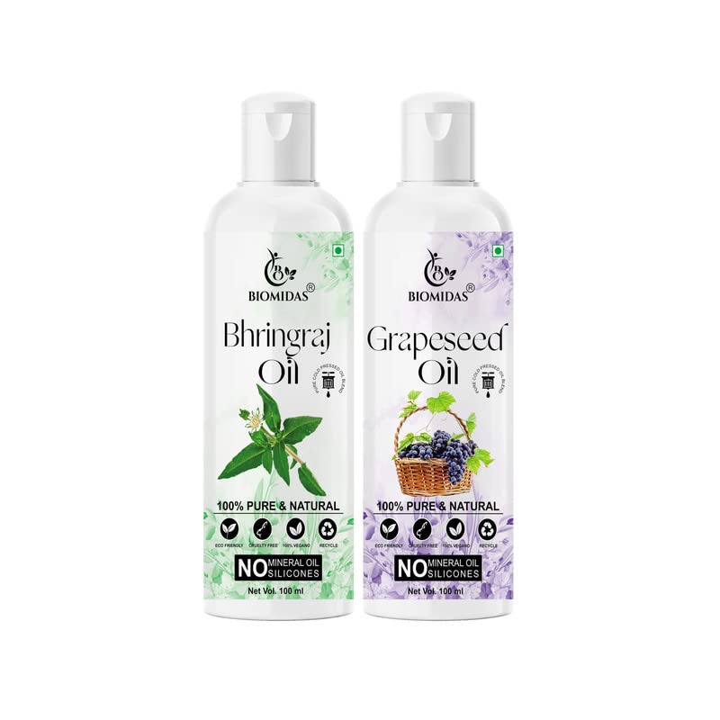Biomidas 100% Pure Bhringraj Oil & Grapeseed Oil Combo (100ML Each) - Natural Hair Growth Treatment for Thicker, Stronger Hair | Reduces Hair Fall, Repairs Split Ends & Adds Shine | Perfect for Daily Hair Care & Scalp Massage