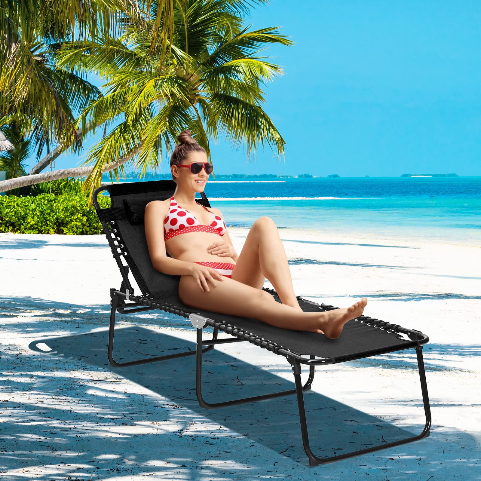 Gymax Outdoor Lounge Chair - Extra Tall Folding Beach Chair with 4-Position Adjustable Backrest, 2-Level Footrest & Removable Pillow - Perfect for Sunbathing, Poolside Relaxation, Patio & Lawn Use (Black)