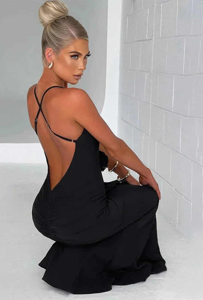 3D Flower Ruffle Deep V Backless Maxi Dress for Women - Sexy Elegant Evening Gown for Party, Birthday, Prom, Wedding Guest - Plus Size Available (C66 CH38)