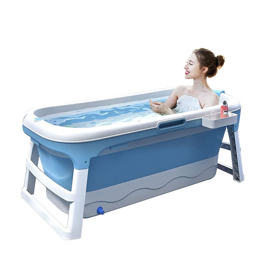 WEYLAN TEC 56 Inch Extra Large Foldable Bathtub for Adults & Kids - Luxury Spa Tub with Lid, Handle & Drain Hose - Perfect for Twins, Toddlers & Home Relaxation | Blue