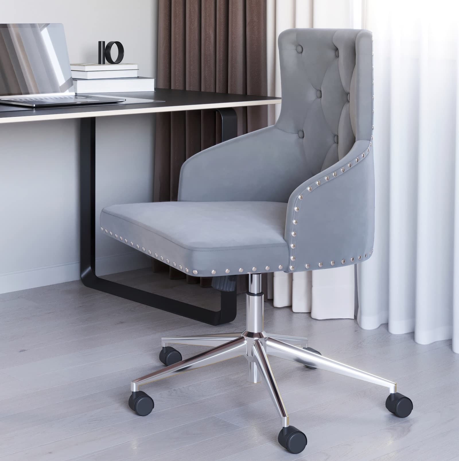 BELLEZE Modern Velvet Desk Chair - Adjustable Height Swivel Office Chair with Wheels, Tufted Upholstered Seat & Slim Arms for Home Office, Bedroom Vanity or Study Room - Gray (Belden Collection) - Perfect for Working from Home, Online Classes & Makeup Vanity