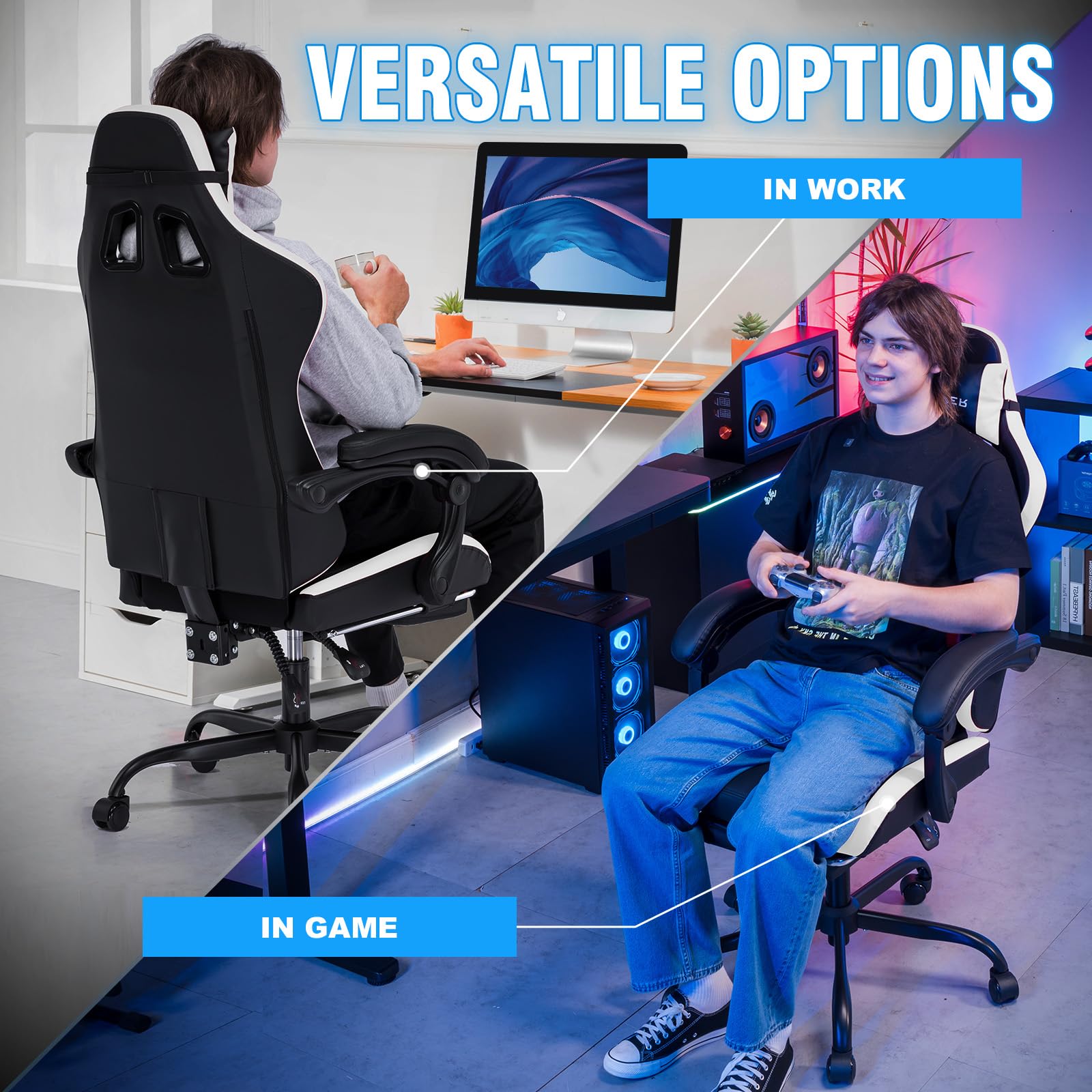 GTPLAYER Ergonomic Gaming Chair with Adjustable Footrest & Reclining Function - Comfortable Computer Desk Chair for Adults & Kids - Home Office & Video Game Setup (White) - Perfect for Long Gaming Sessions, Work from Home & Study