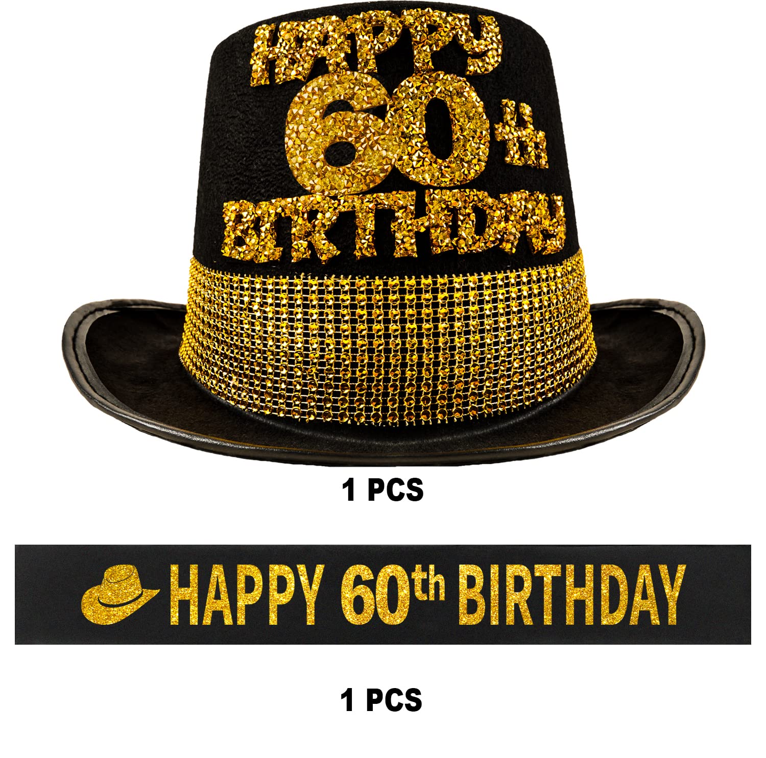 60th Birthday Gifts for Men - Gold 60 Year Old Party Hat & Sash Set - 60 Birthday Decorations & Favors - Perfect for Milestone Celebrations, Retirement Parties & Special Occasions
