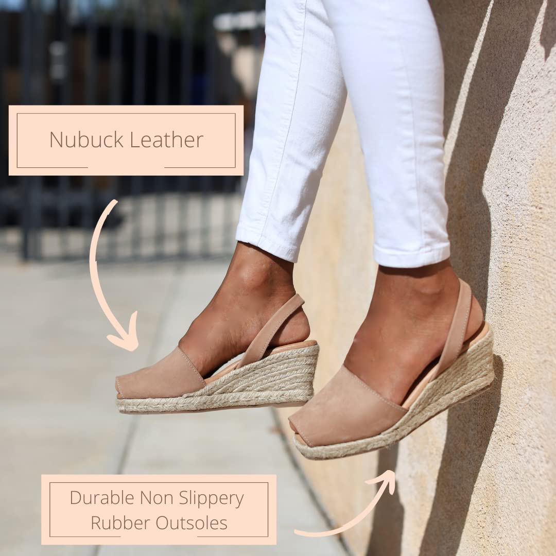 Women's Soft Leather Peep Toe Espadrille Wedge Sandals - Comfortable Summer Slip-On Shoes for Casual Outfits & Beach Vacations | Perfect for Weddings, Parties, and Everyday Wear